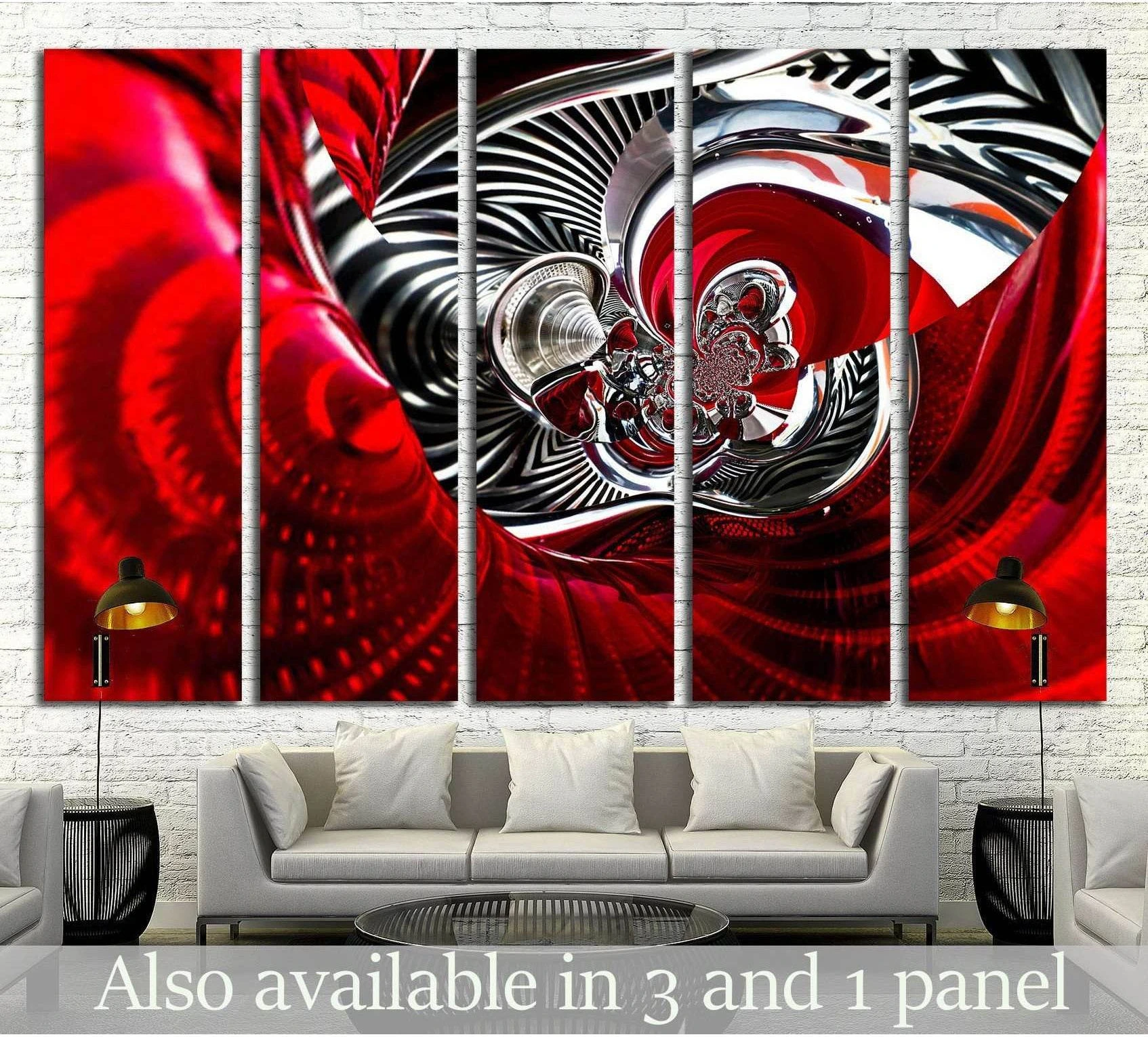 Red abstract car canvas print with spiral chrome forms above a sofa in a modern living room