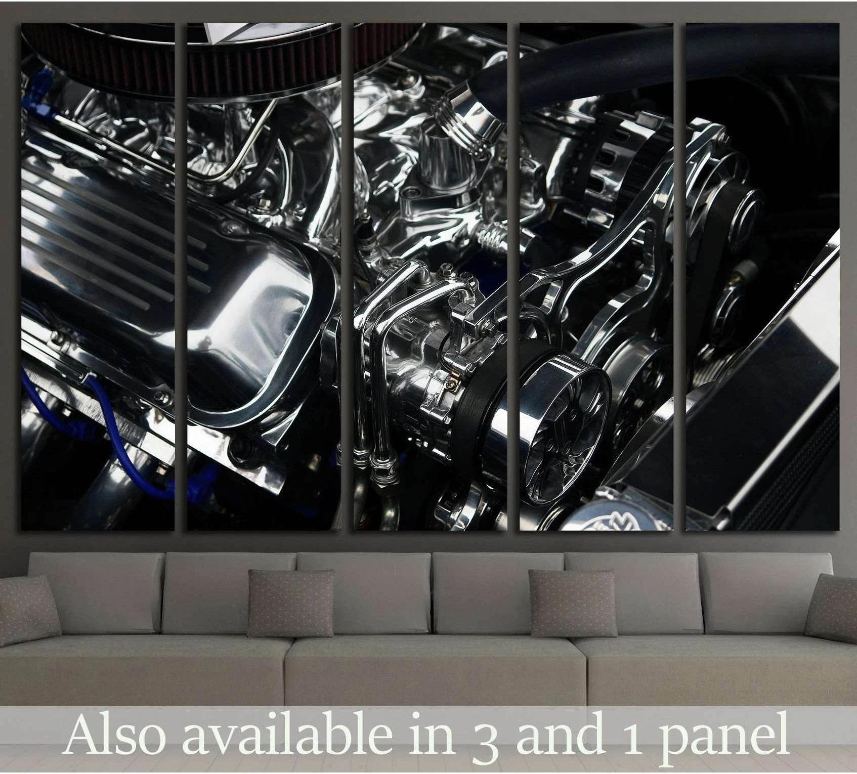 Chrome sport car engine canvas print in a 5-panel layout above a sofa in a modern living room