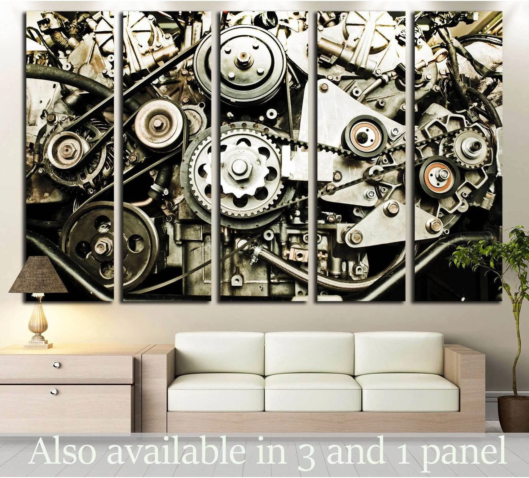 Multi-panel car engine canvas print with gears, belts, and pulleys above a sofa in a modern living room