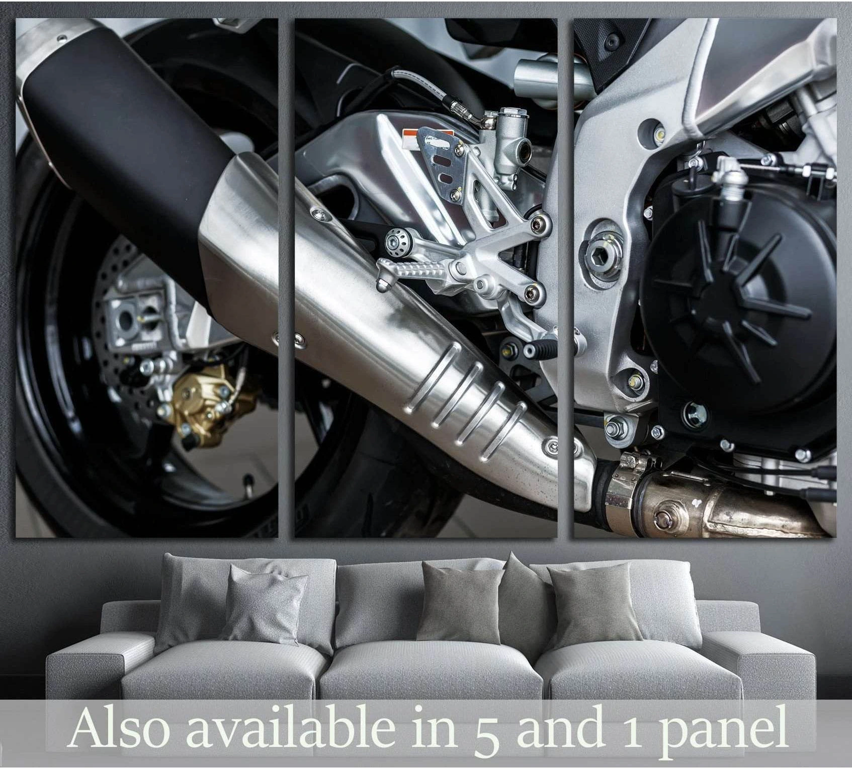 Sport motorcycle canvas print with close-up engine and exhaust detail above a gray sofa