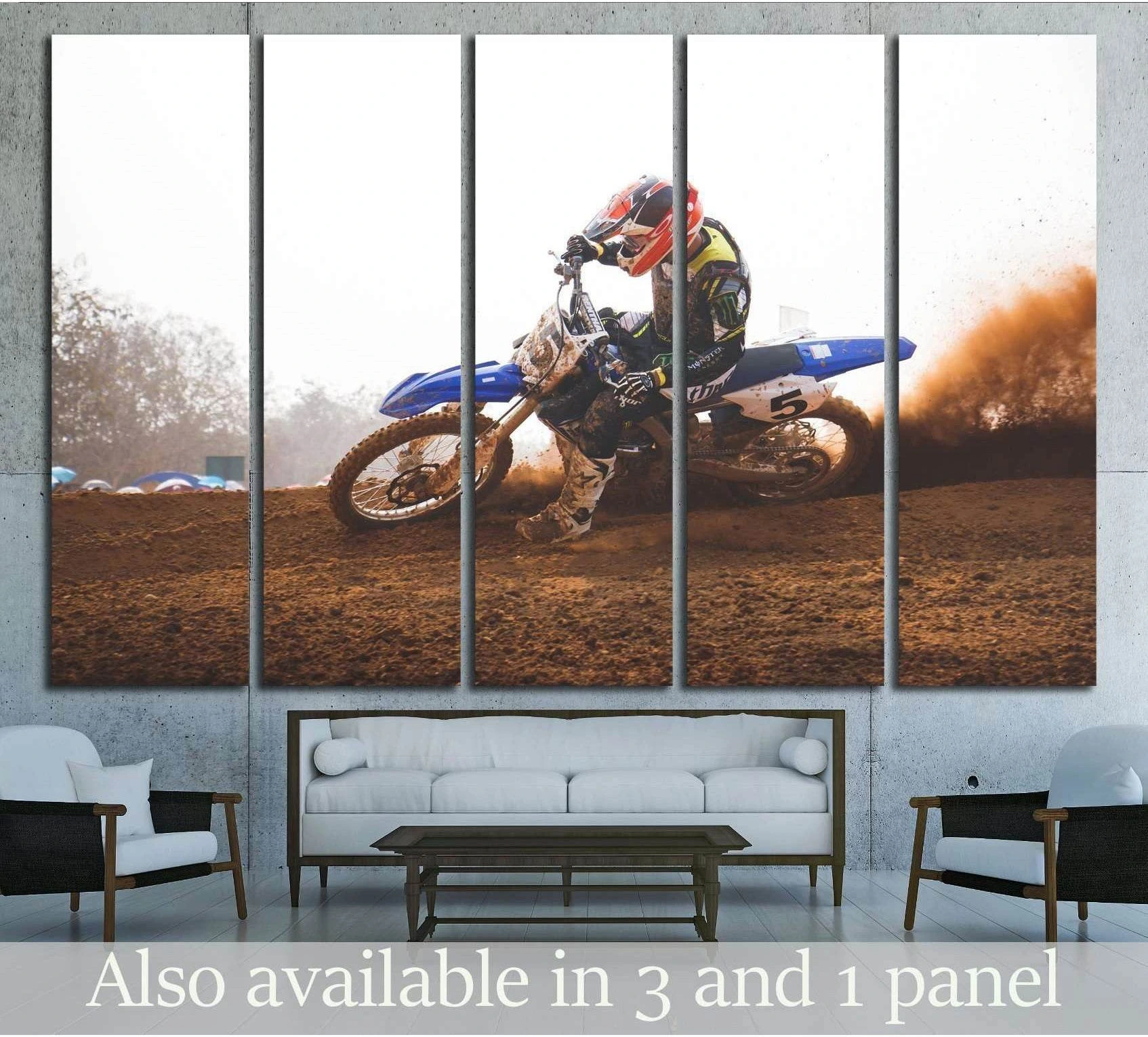 Motocross rider canvas print in 5-panel wall display above sofa with blue dirt bike and flying dust