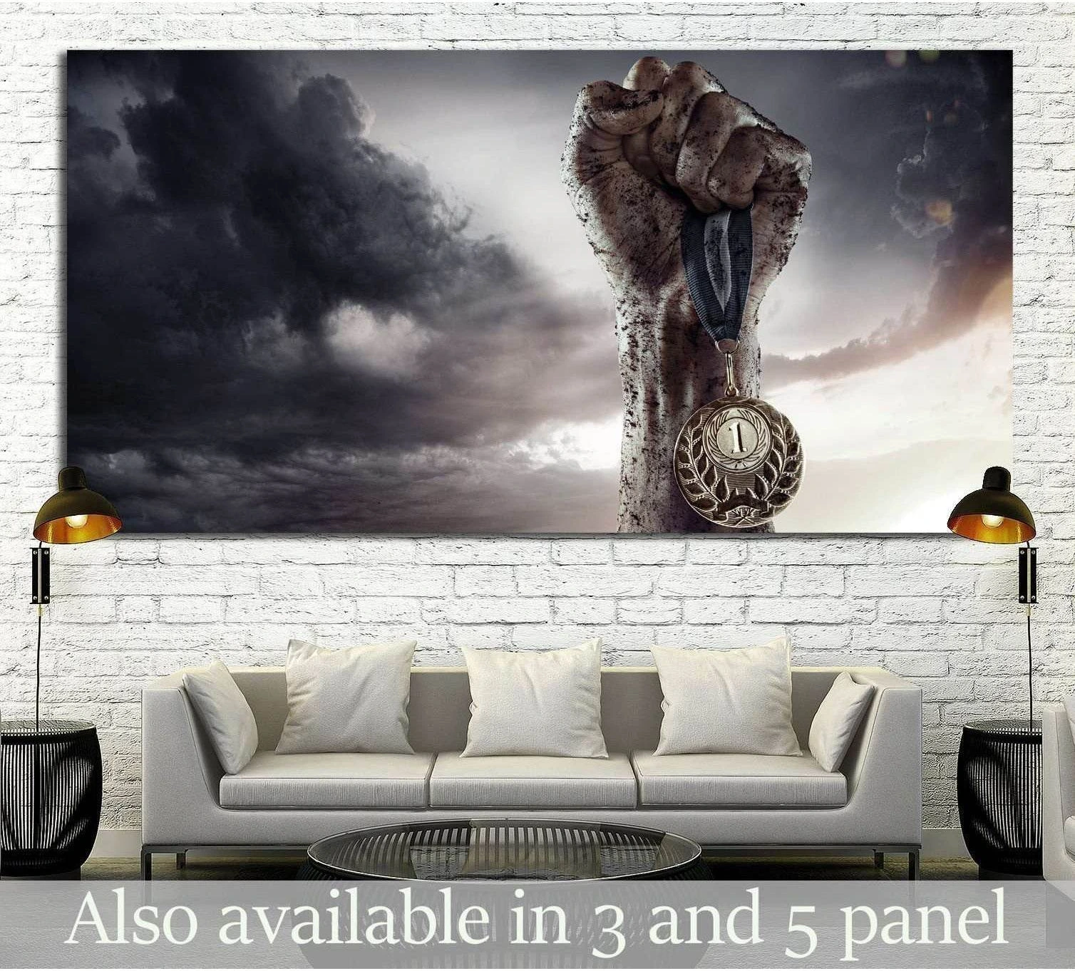 Dirt-streaked fist holding a gold winner medal canvas print under stormy skies above a sofa
