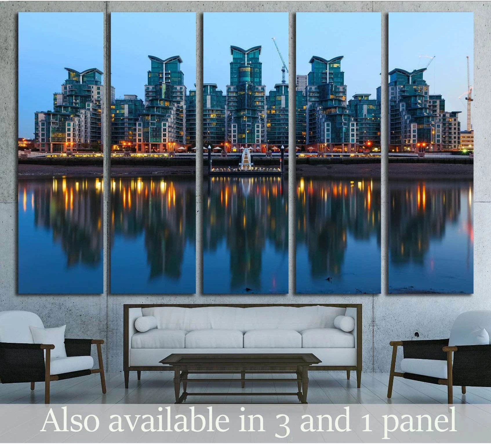 St George Wharf London riverside canvas print above sofa in modern living room