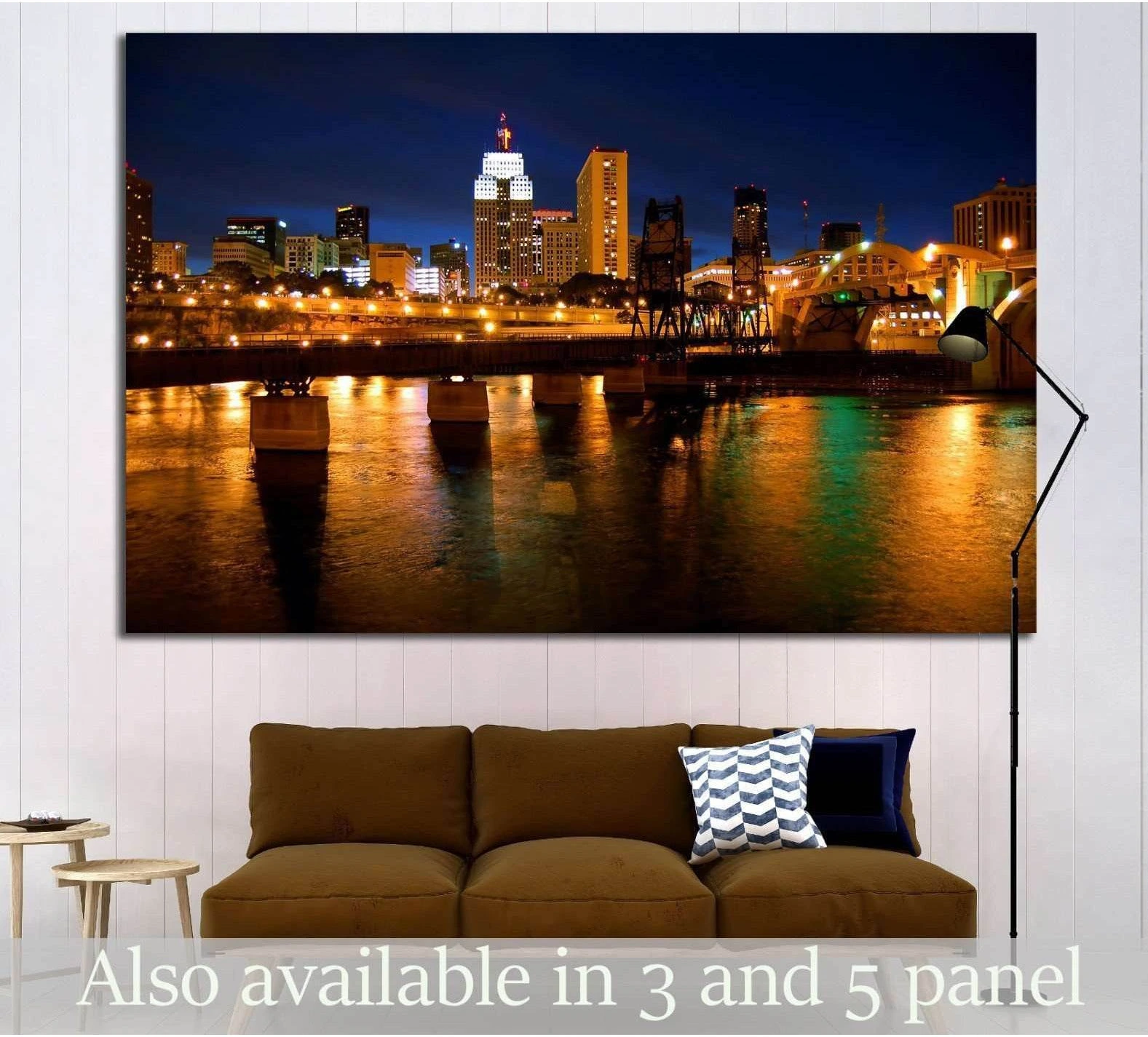St. Paul skyline canvas print at night with river reflections and illuminated bridge in a modern living room