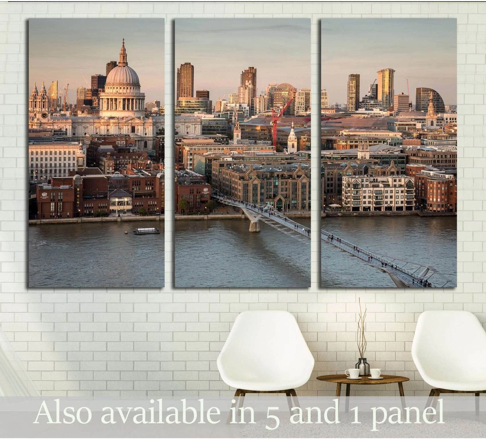 St Paul's Cathedral and London skyline triptych canvas print above chairs in a modern room