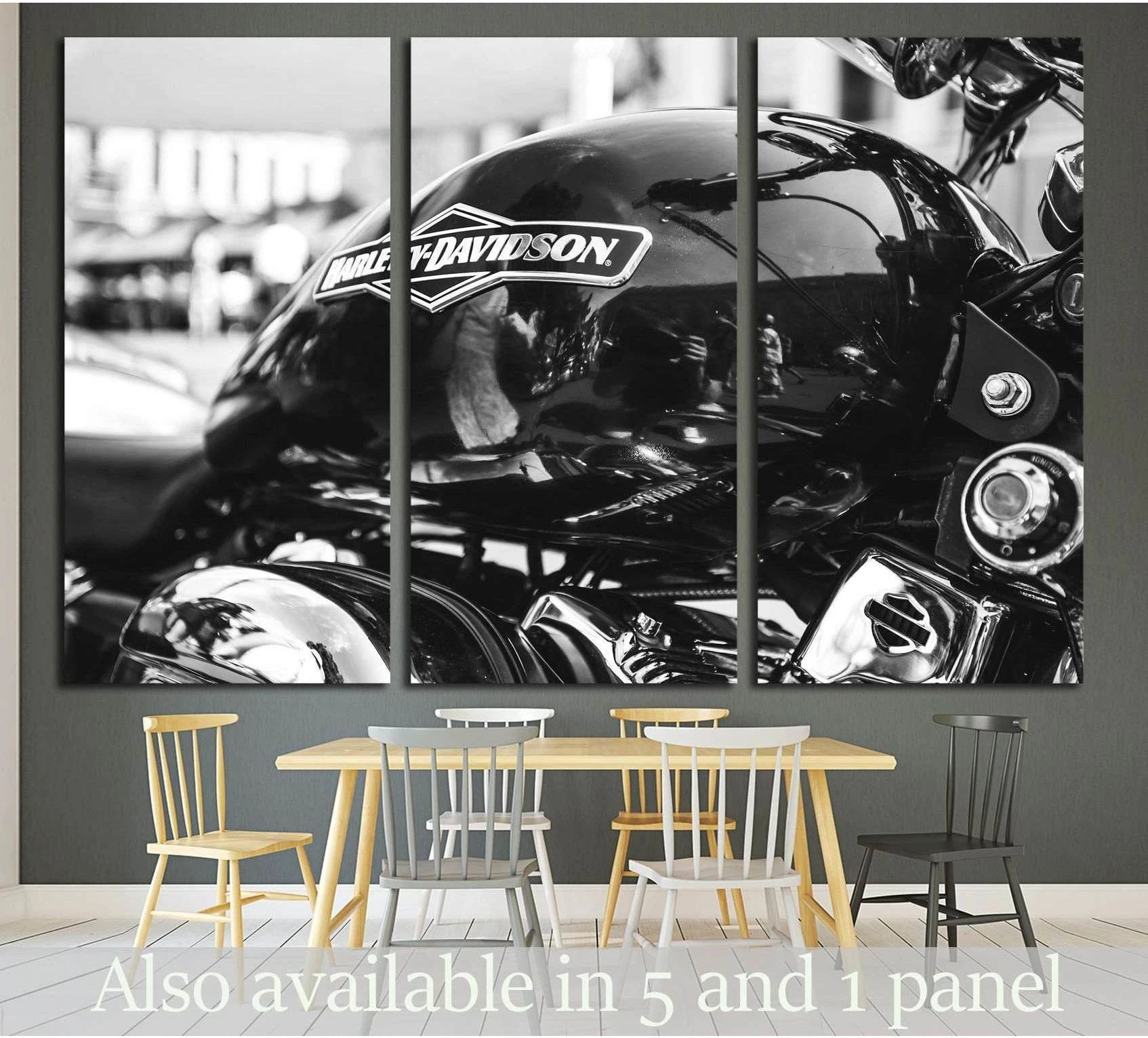 Black and white Harley Davidson motorcycle tank close-up triptych canvas print in modern dining room