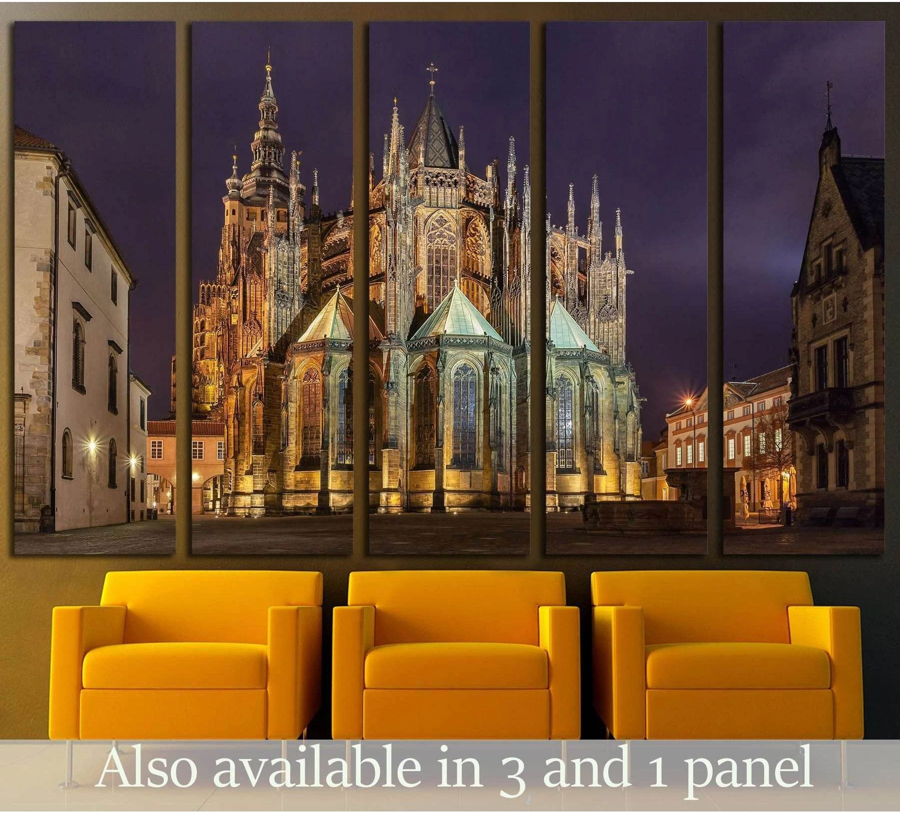 St. Vitus Cathedral in Prague night canvas print in five-panel wall art mockup above yellow chairs