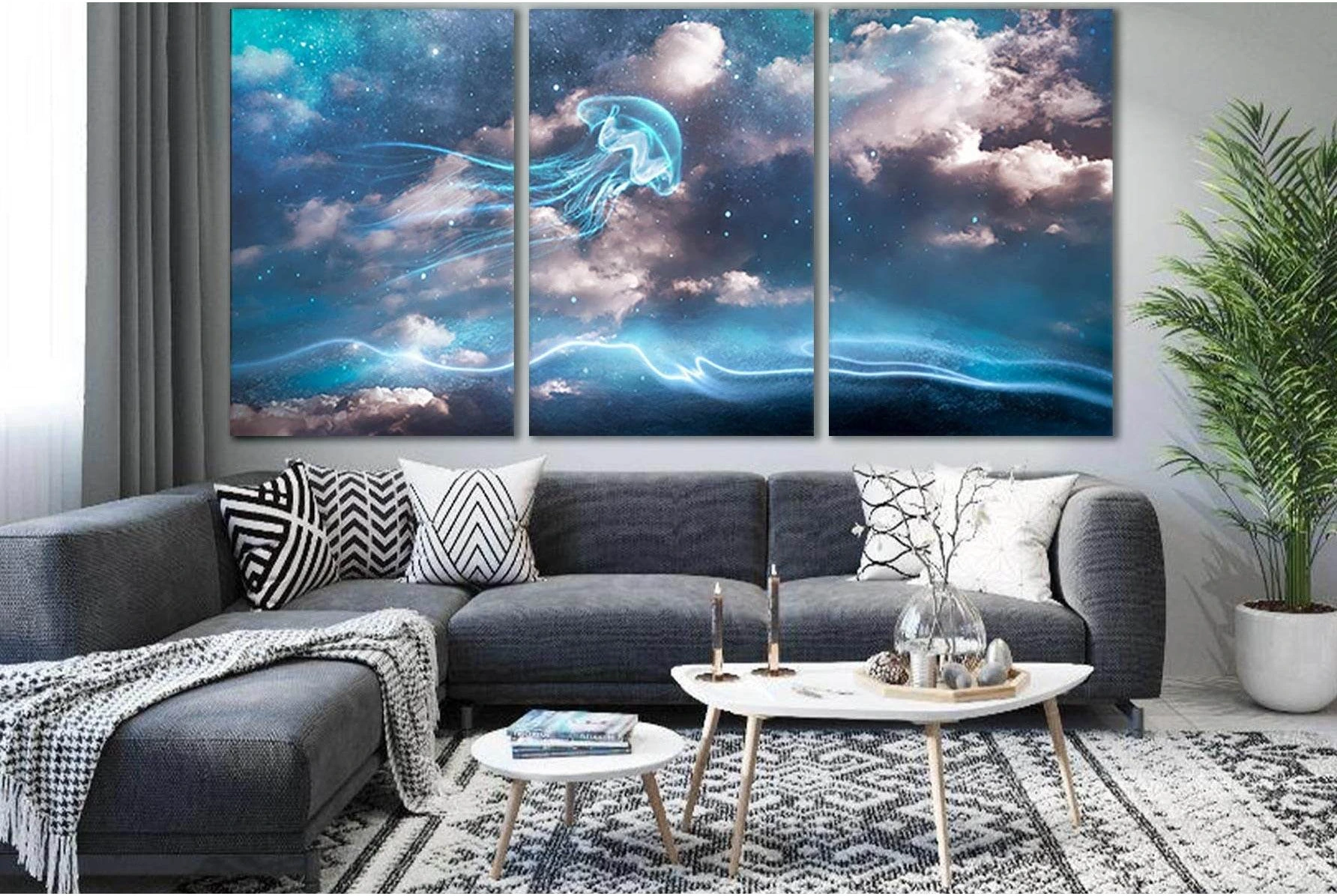 Stars And Neon Jellyfish №SL1222 Ready to Hang Canvas Print - Zellart Canvas Prints 0new, ALL_Products, Fantasy And Sci Fi Wall Art