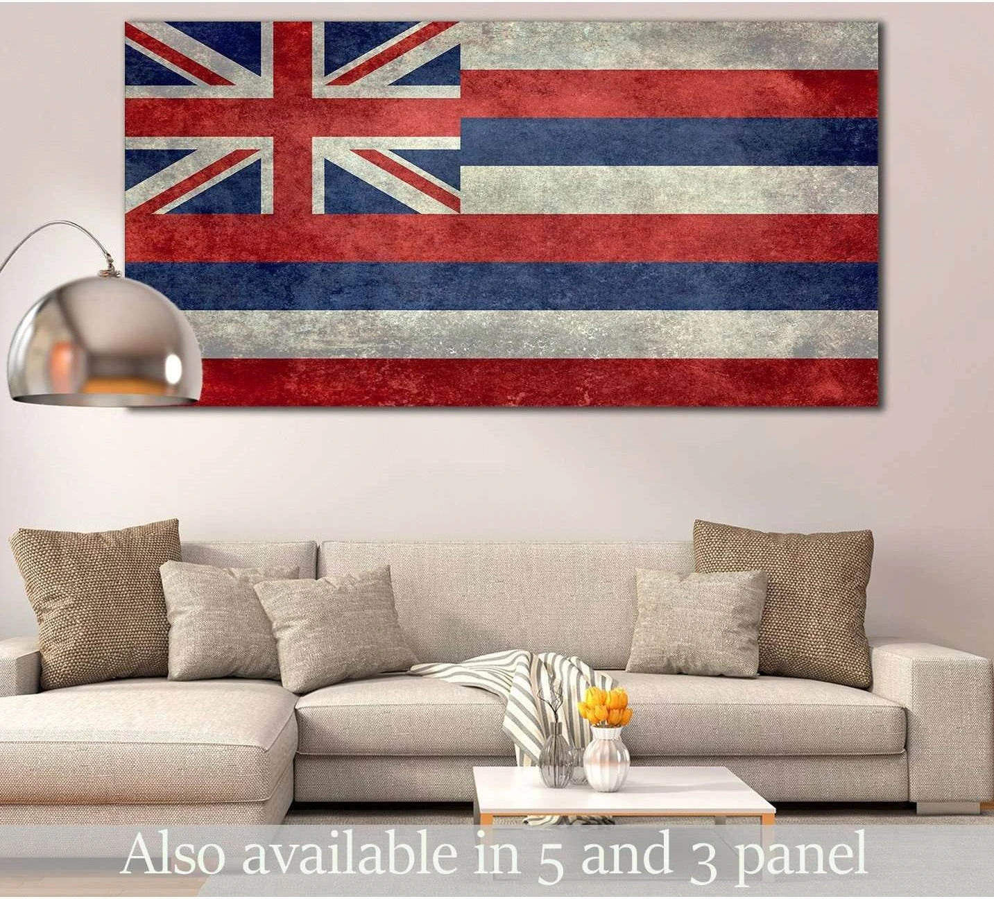 Vintage Hawaii state flag canvas print hung above a sofa in a neutral living room