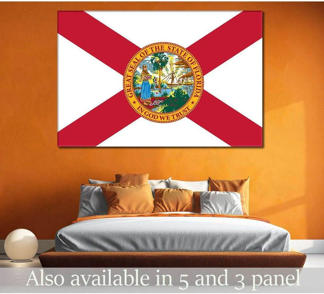 Florida state flag canvas print with official seal displayed above a bed on an orange bedroom wall