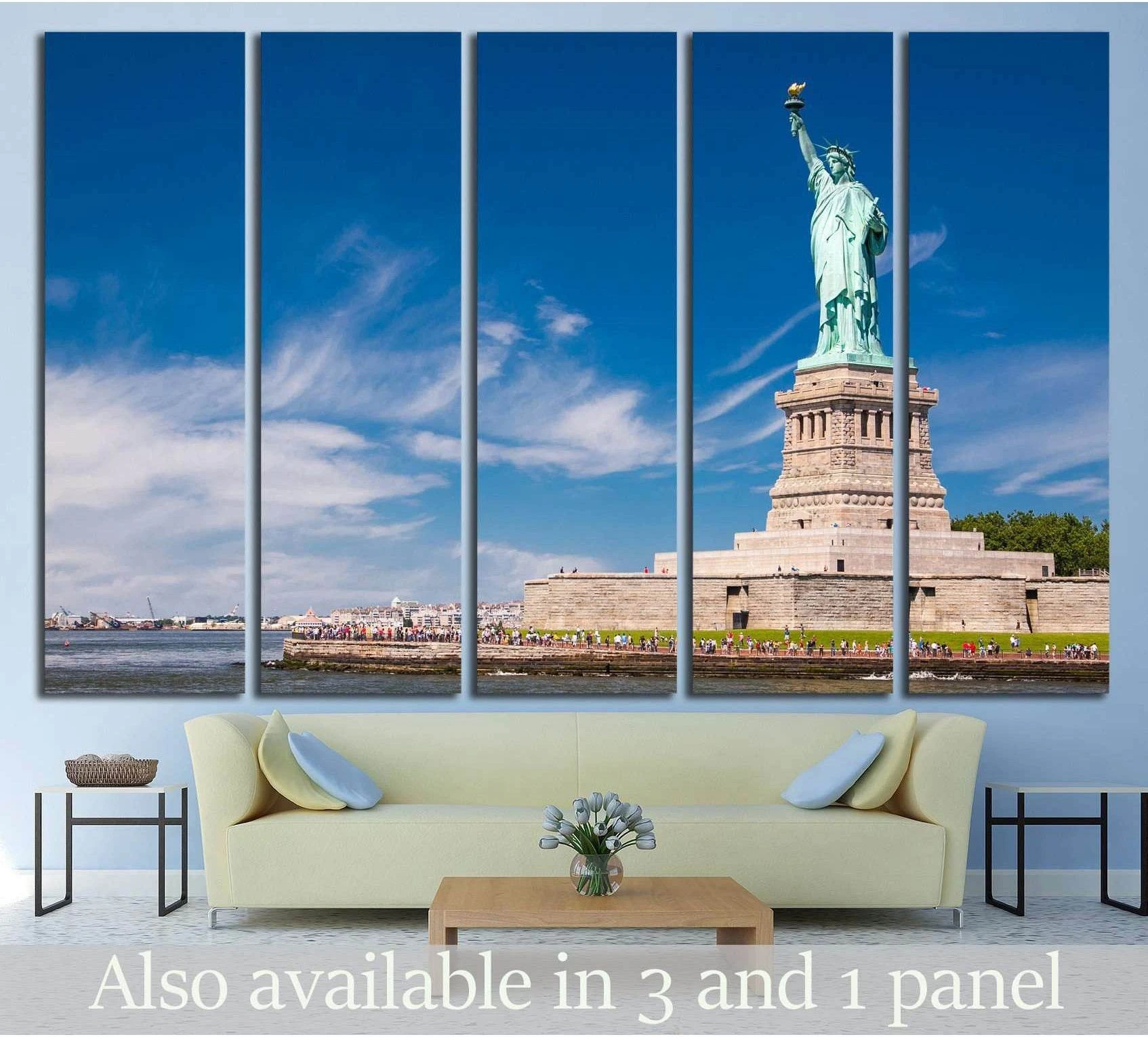 Statue of Liberty canvas print in five panels above sofa in a modern living room