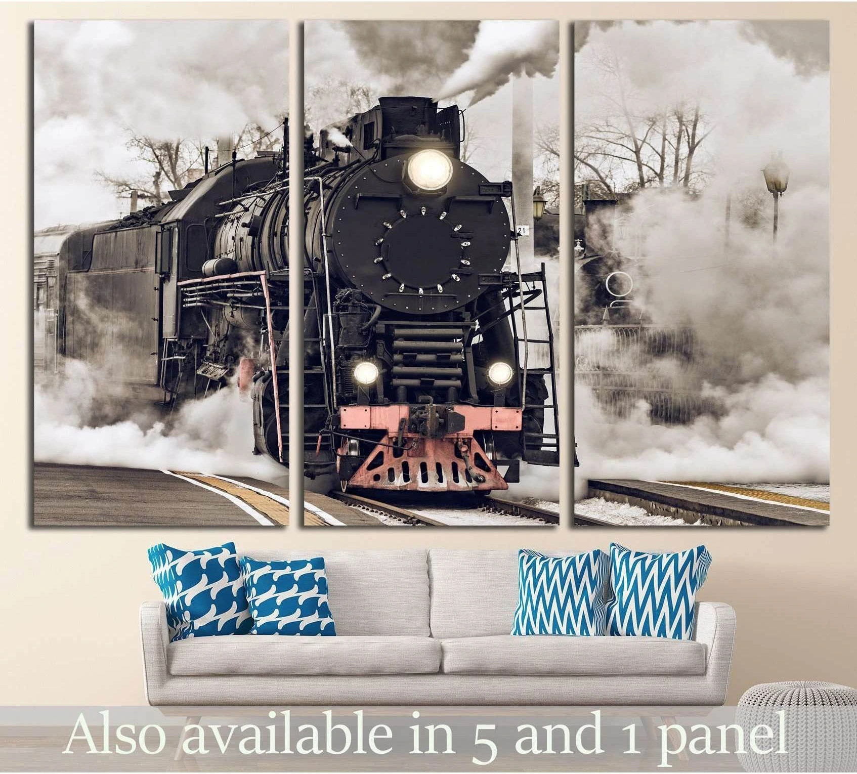 Sepia steam train triptych canvas print with a front-facing locomotive above a sofa
