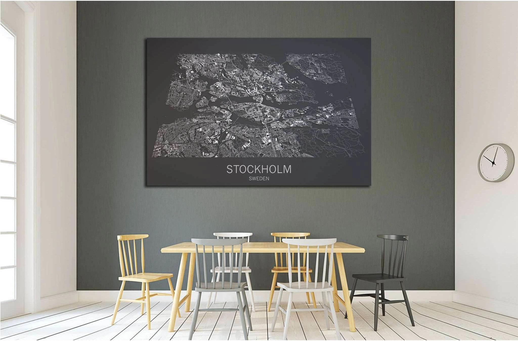 Stockholm map, satellite view, city Sweden, black and white №1822 Ready to Hang Canvas Print - Zellart Canvas Prints ALL_Products, s-1822