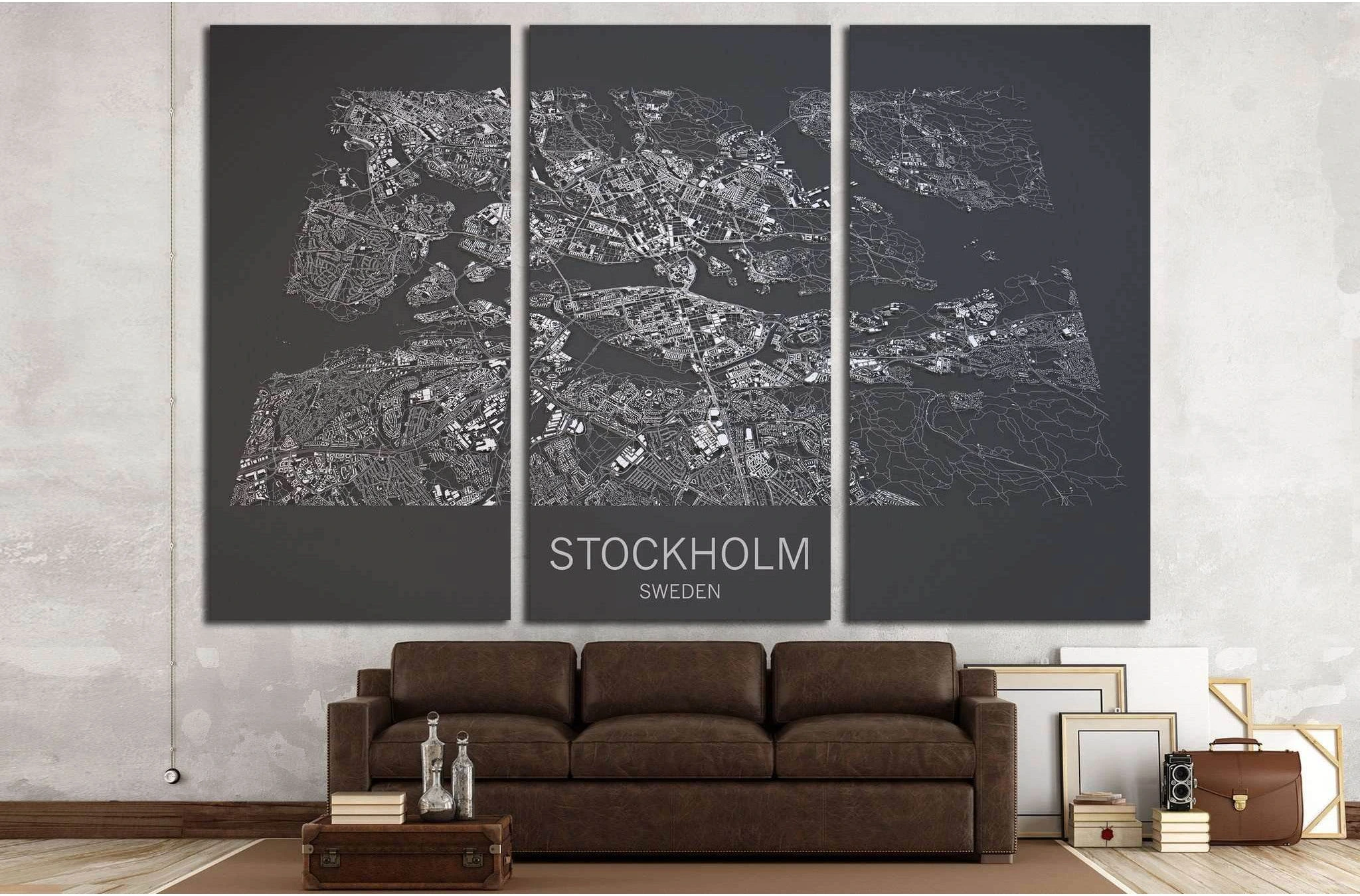 Stockholm map, satellite view, city Sweden, black and white №1822 Ready to Hang Canvas Print - Zellart Canvas Prints ALL_Products, s-1822