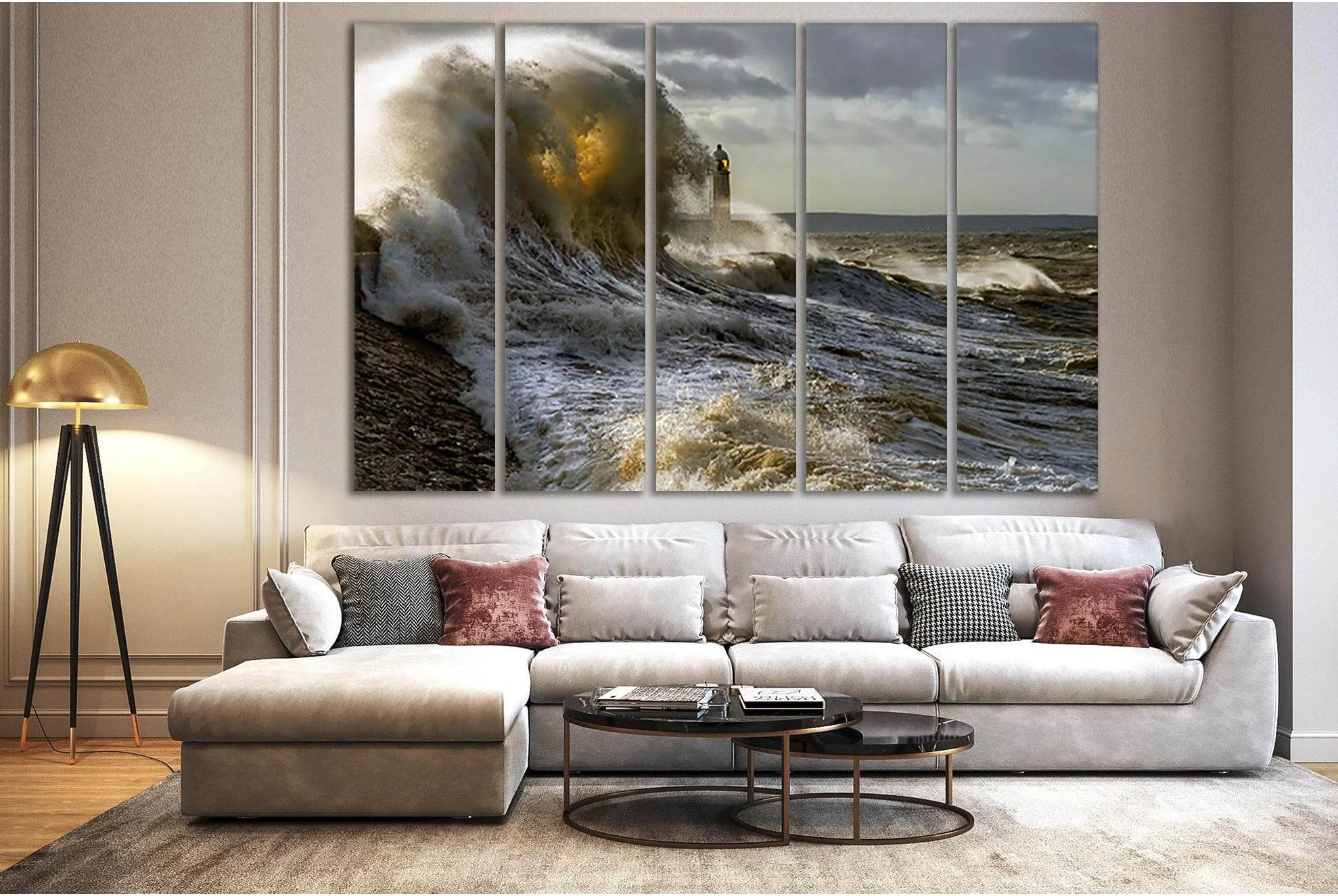 Storm Waves Lighthouse Canvas Print | Grey, Navy & Gold showing ocean water, wave movement and surf.
