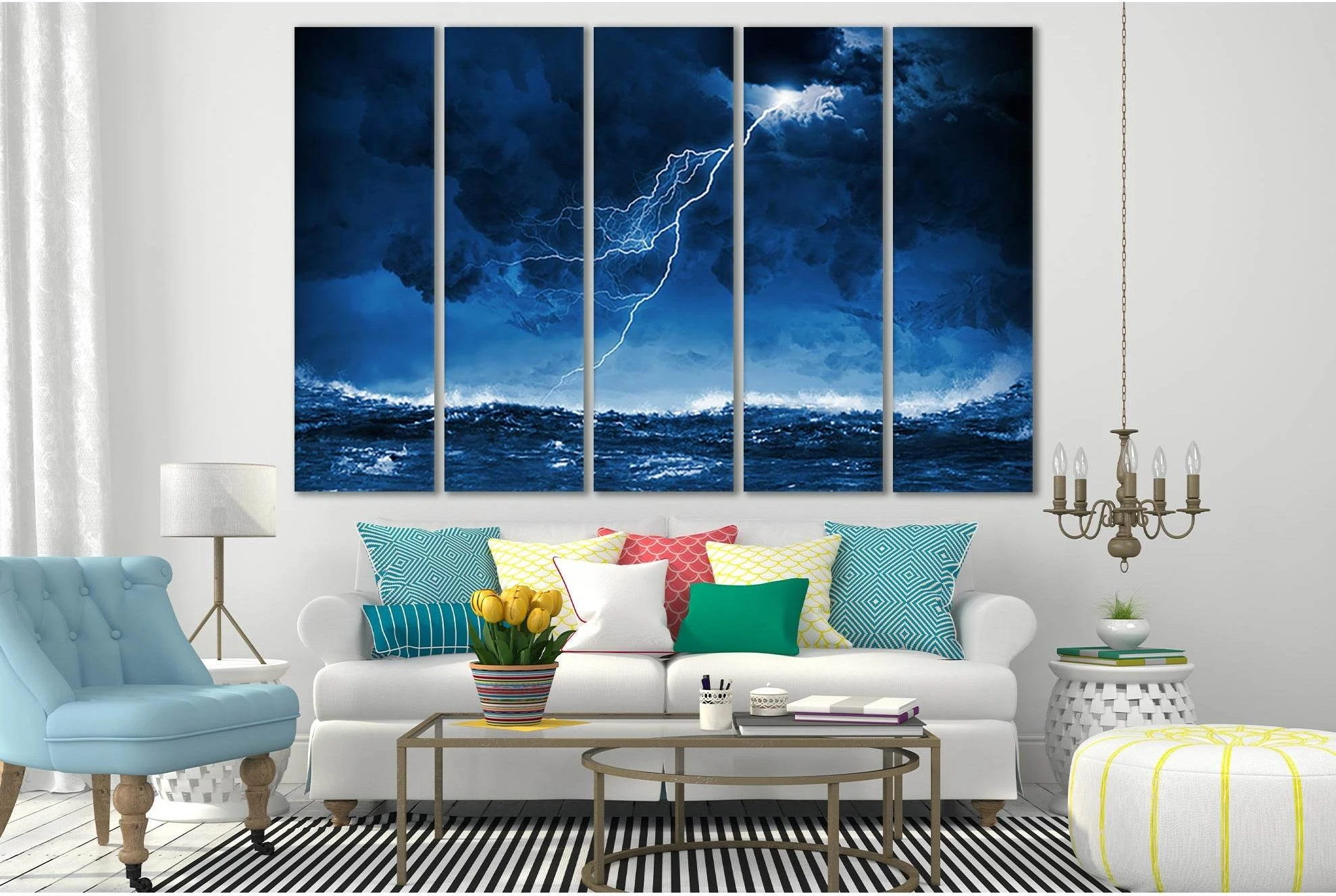 Stormy Sea Lightning Ocean Wall Art Canvas Print showing ocean water, wave movement and surf.