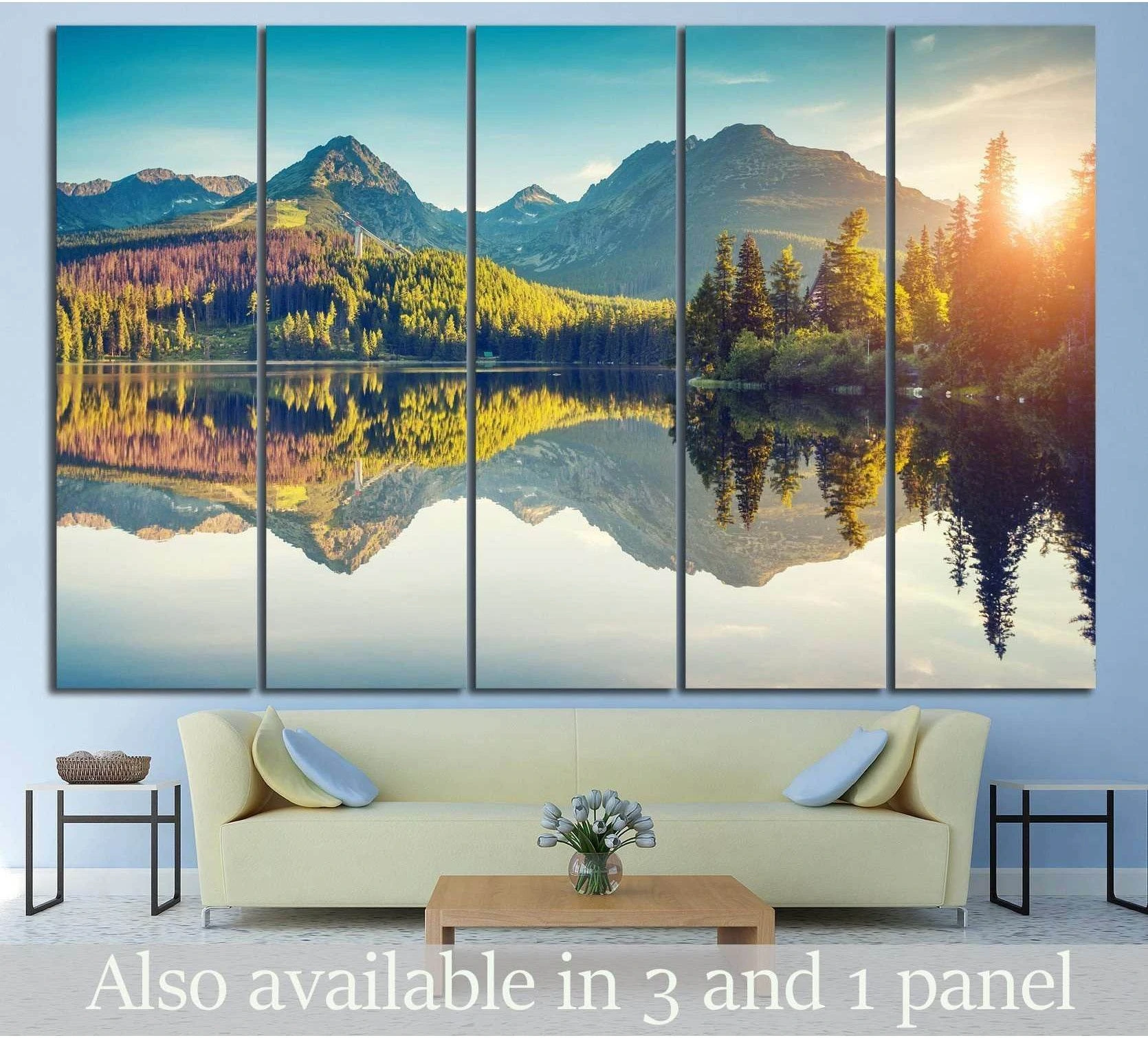 Strbske Pleso mountain lake canvas print with sunrise reflections, pine forest, and alpine peaks above a sofa