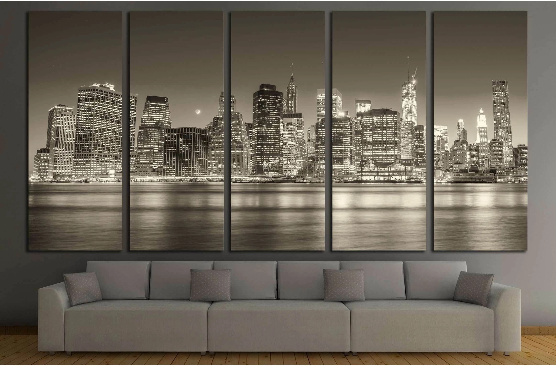 Stunning Manhattan lights at dusk. Reflections on East River - New York №2952 Ready to Hang Canvas Print - Zellart Canvas Prints 0_NY_ART, ALL_Products, s-2952