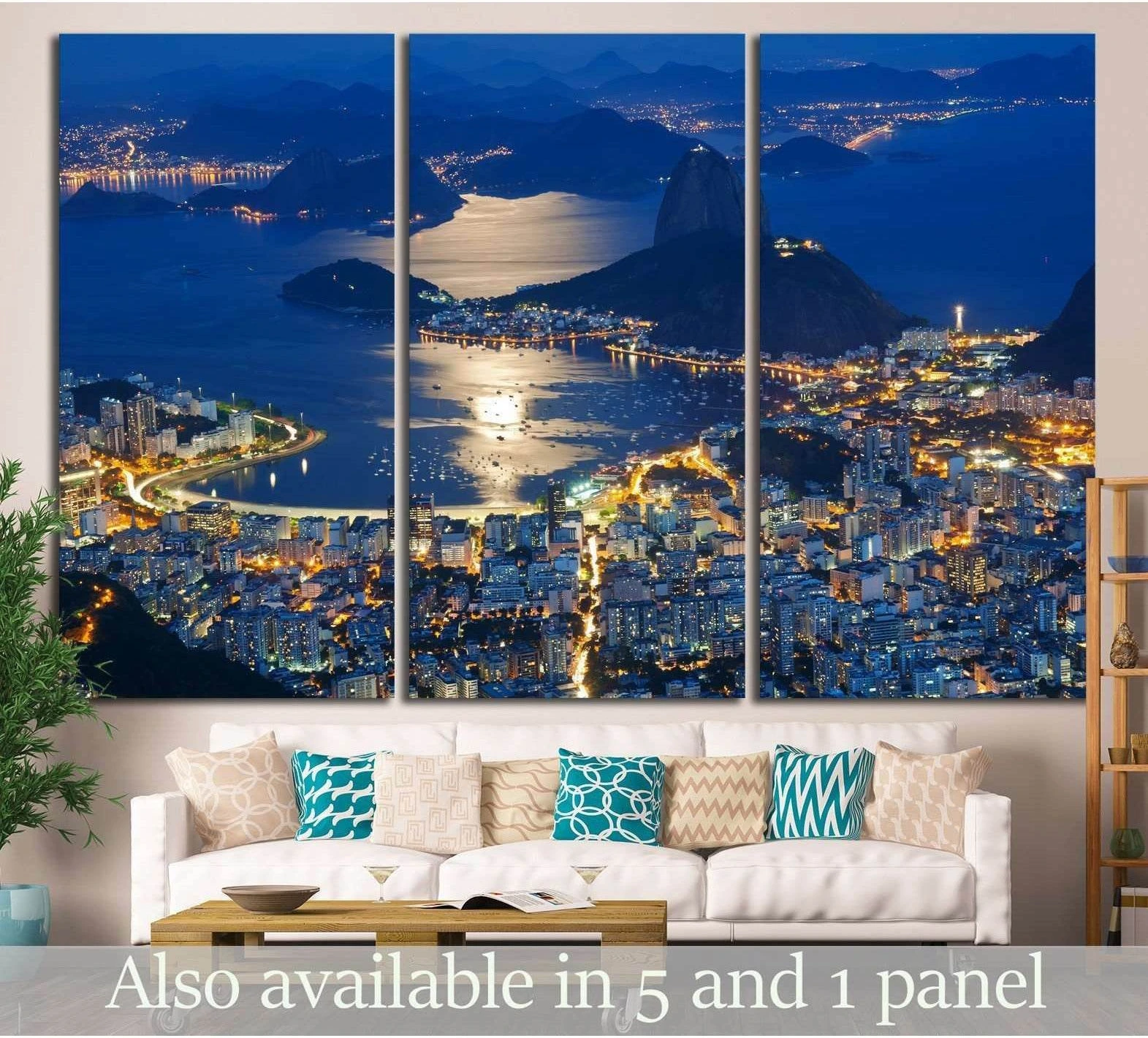 Rio de Janeiro triptych canvas print with Sugarloaf Mountain and Botafogo Bay above a living room sofa
