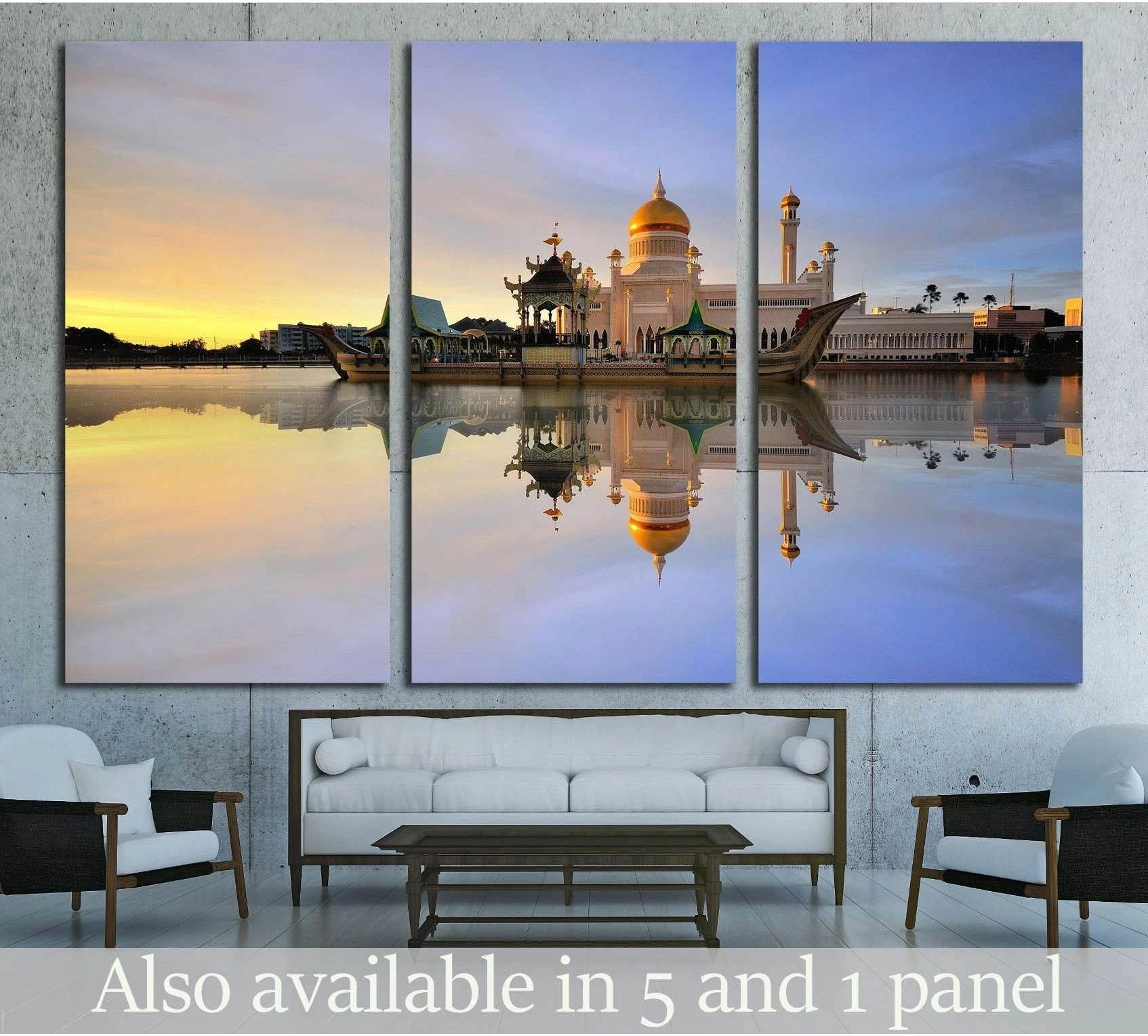Sultan Omar Ali Saifuddin Mosque triptych canvas print with gold dome reflection above sofa