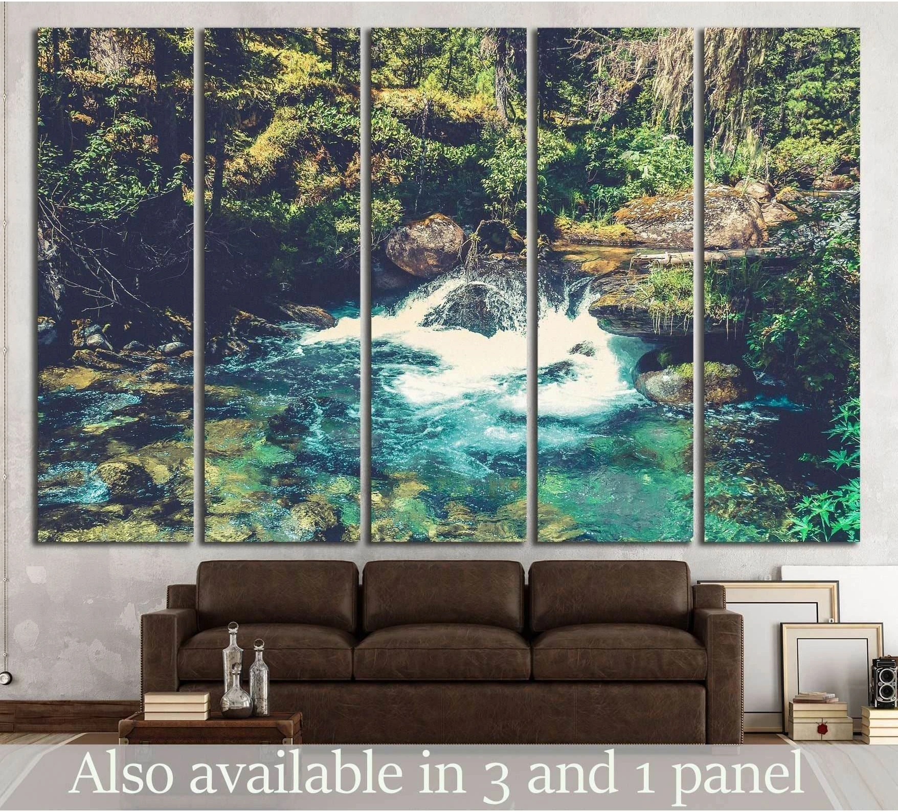 Turquoise forest stream canvas print above sofa in living room with mossy rocks and sunlit trees