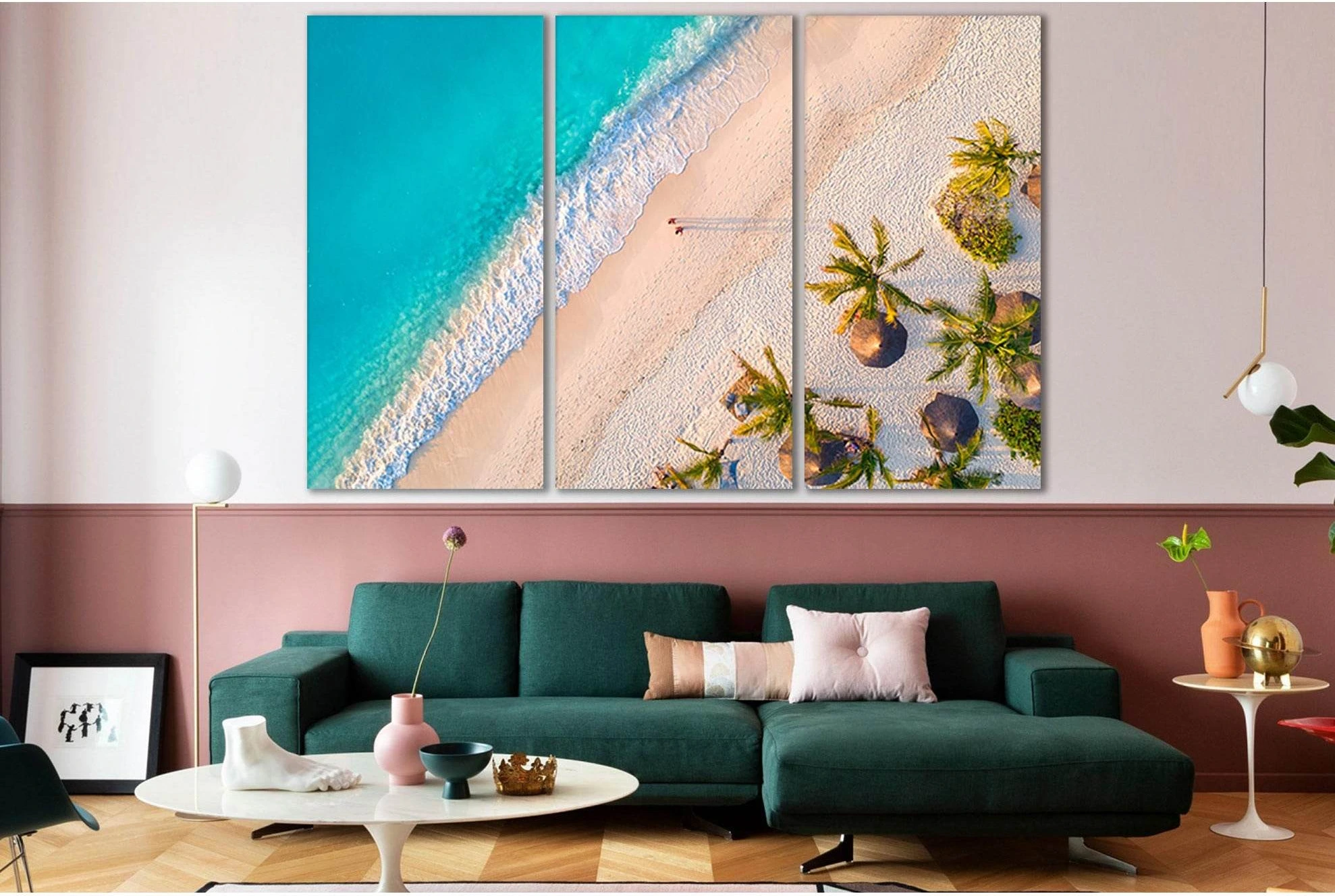 Turquoise Ocean, Palm Trees & Boats Canvas Print Wall Art showing blue ocean wall art with water and coastal depth.