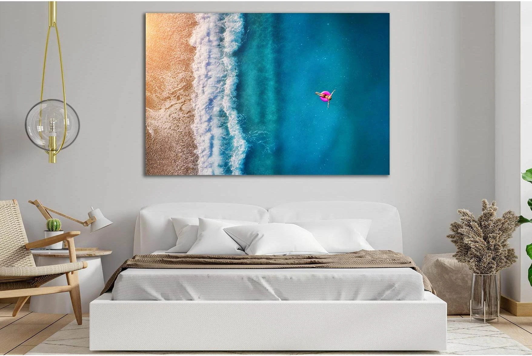 Ocean Seascape Canvas Print With Foamy Waves & Pink Figure showing ocean water, wave movement and surf.