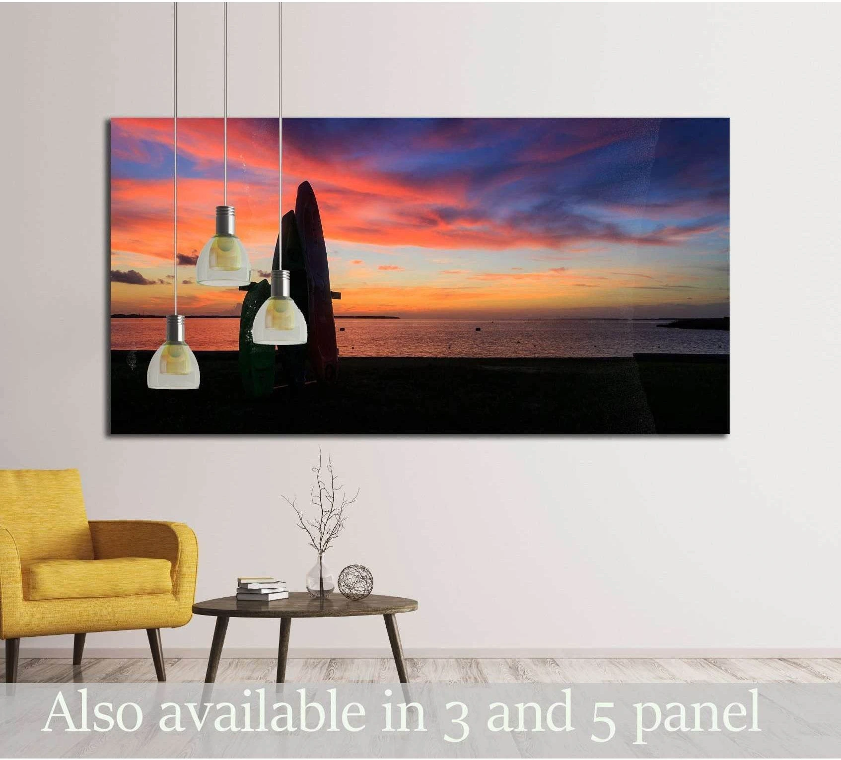 Burnt Orange Sunset Seascape Wall Art with Surf Silhouettes showing ocean water, wave movement and surf.
