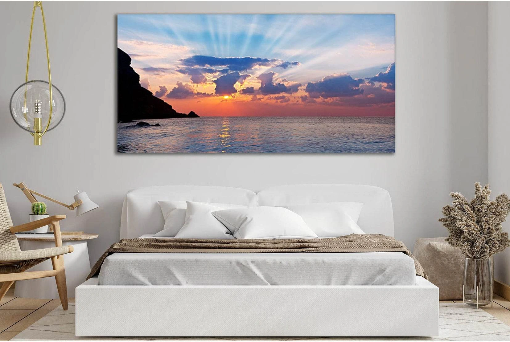 Radiant Sea Sunset Wall Art with Sun Rays and Cliffs showing sea water, shoreline and horizon depth.
