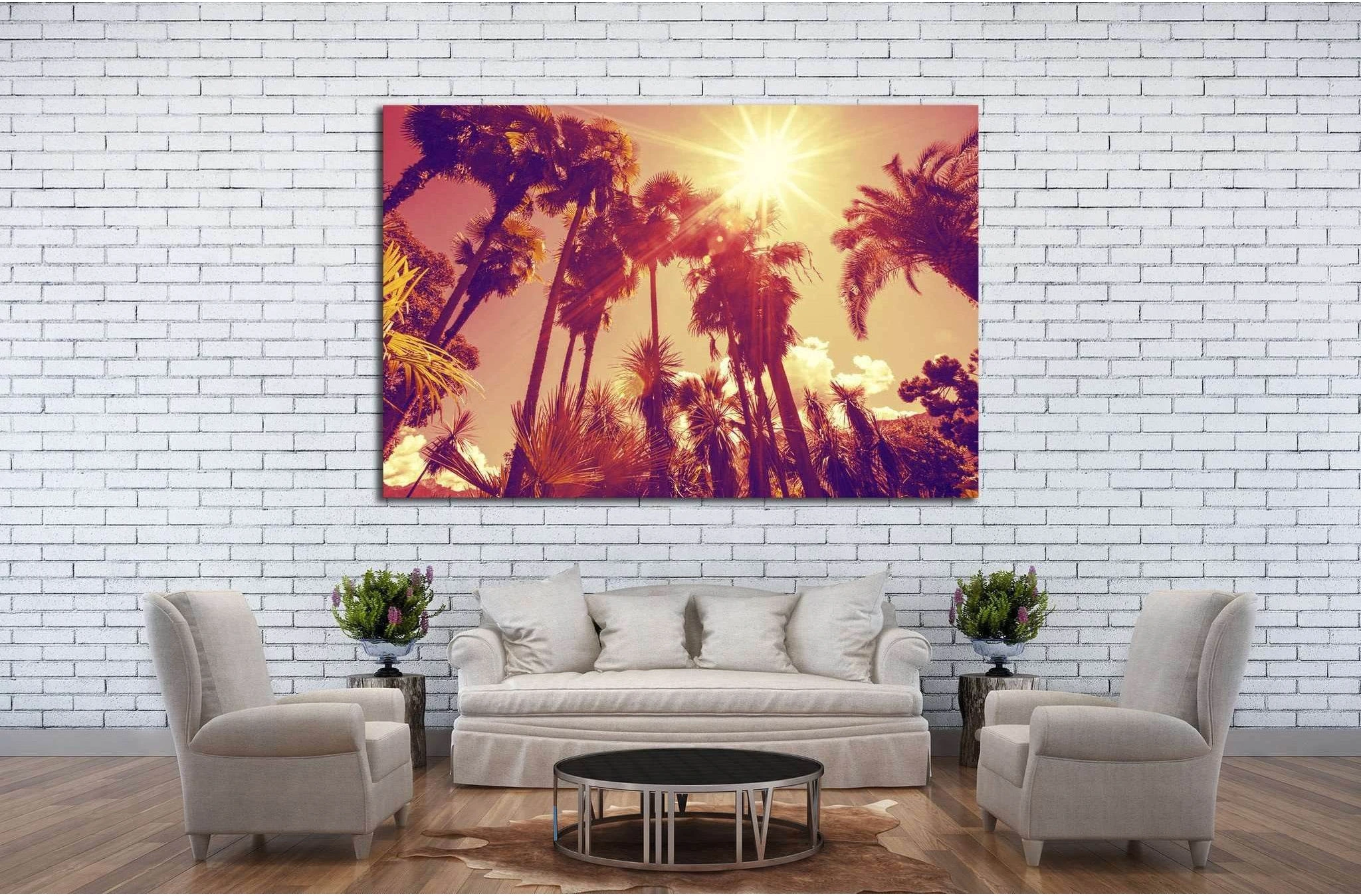 Triptych palm trees with a bright sunburst flare and warm tropical sky detail view