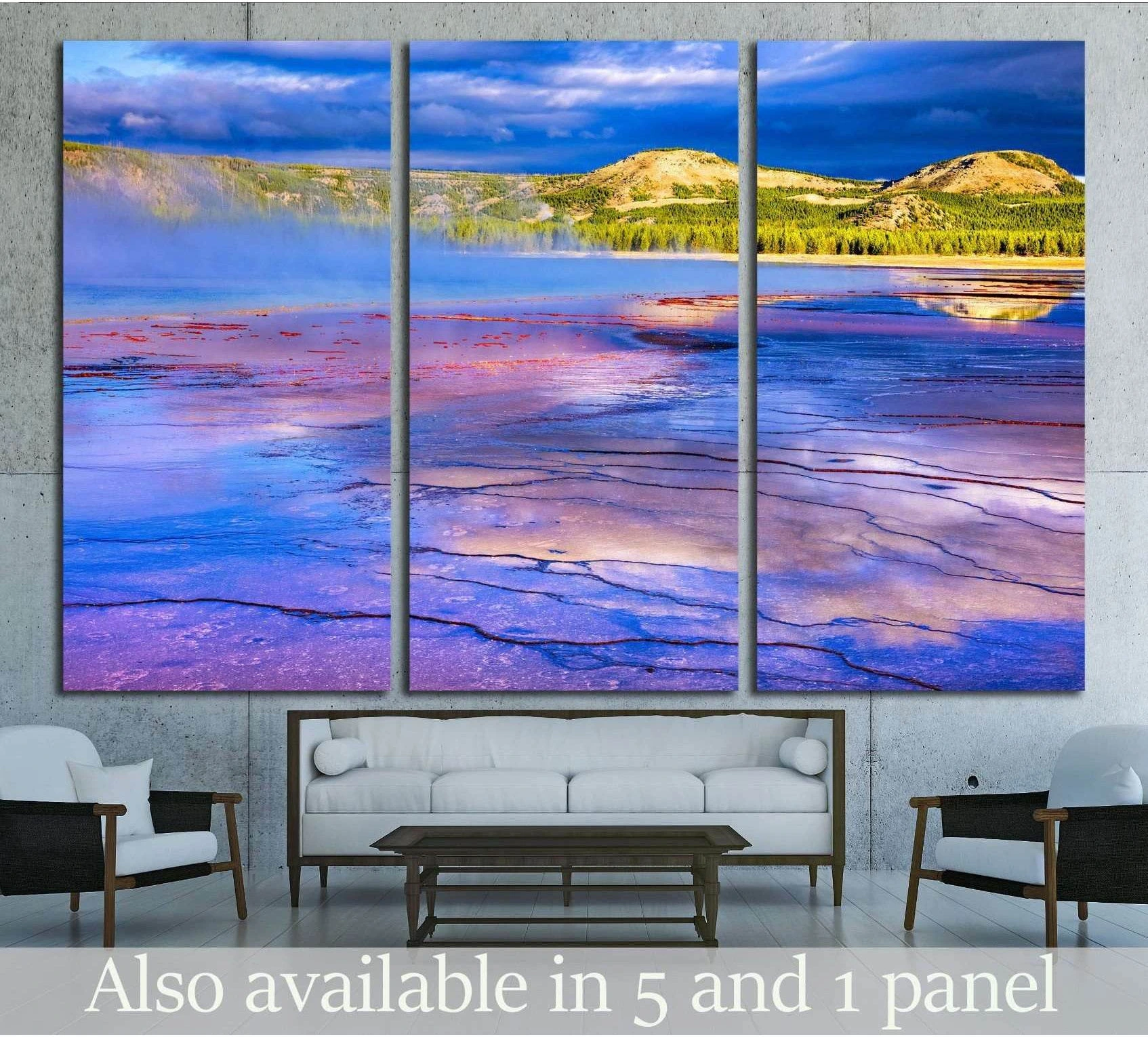 Grand Prismatic Spring canvas print with vivid sunrise colors in a triptych above a sofa
