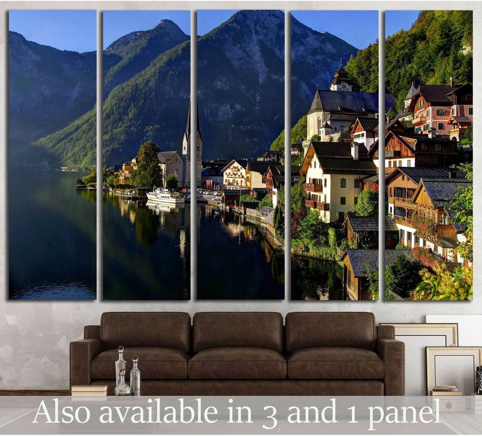 Hallstatt sunrise canvas print with Austrian lakeside village and mountains above sofa