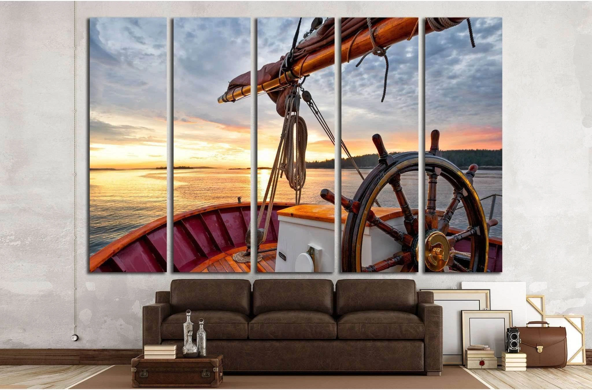 Sunrise at sea on a tall ship, Close up of the wheel №1408 Ready to Hang Canvas Print - Zellart Canvas Prints ALL_Products, s-1408