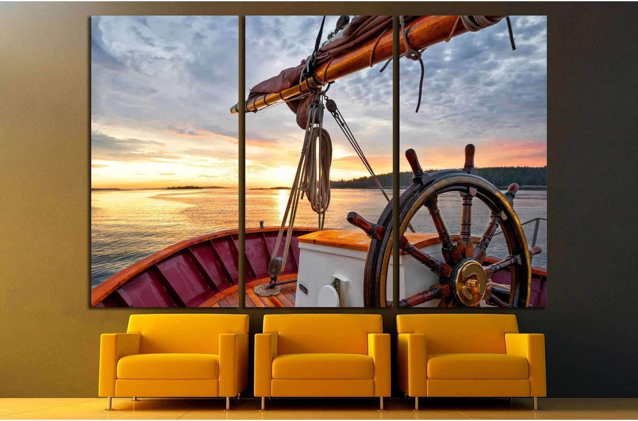 Sunrise at sea on a tall ship, Close up of the wheel №1408 Ready to Hang Canvas Print - Zellart Canvas Prints ALL_Products, s-1408