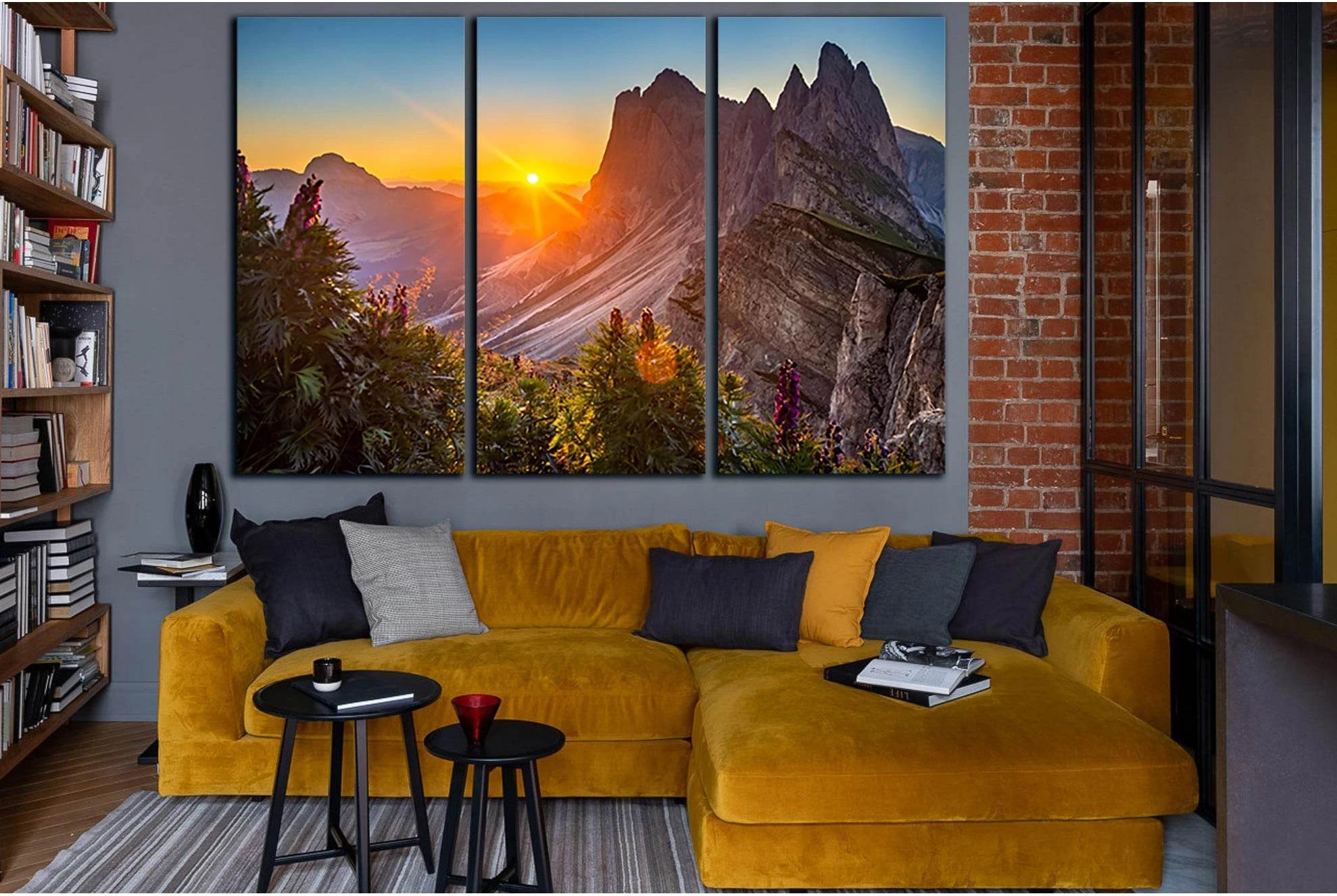 Sunrise Over Dolomite Mountains Canvas Print with Misty Valley chosen as grey-blue bedroom landscapes for soft mist and bedroom-friendly contrast.