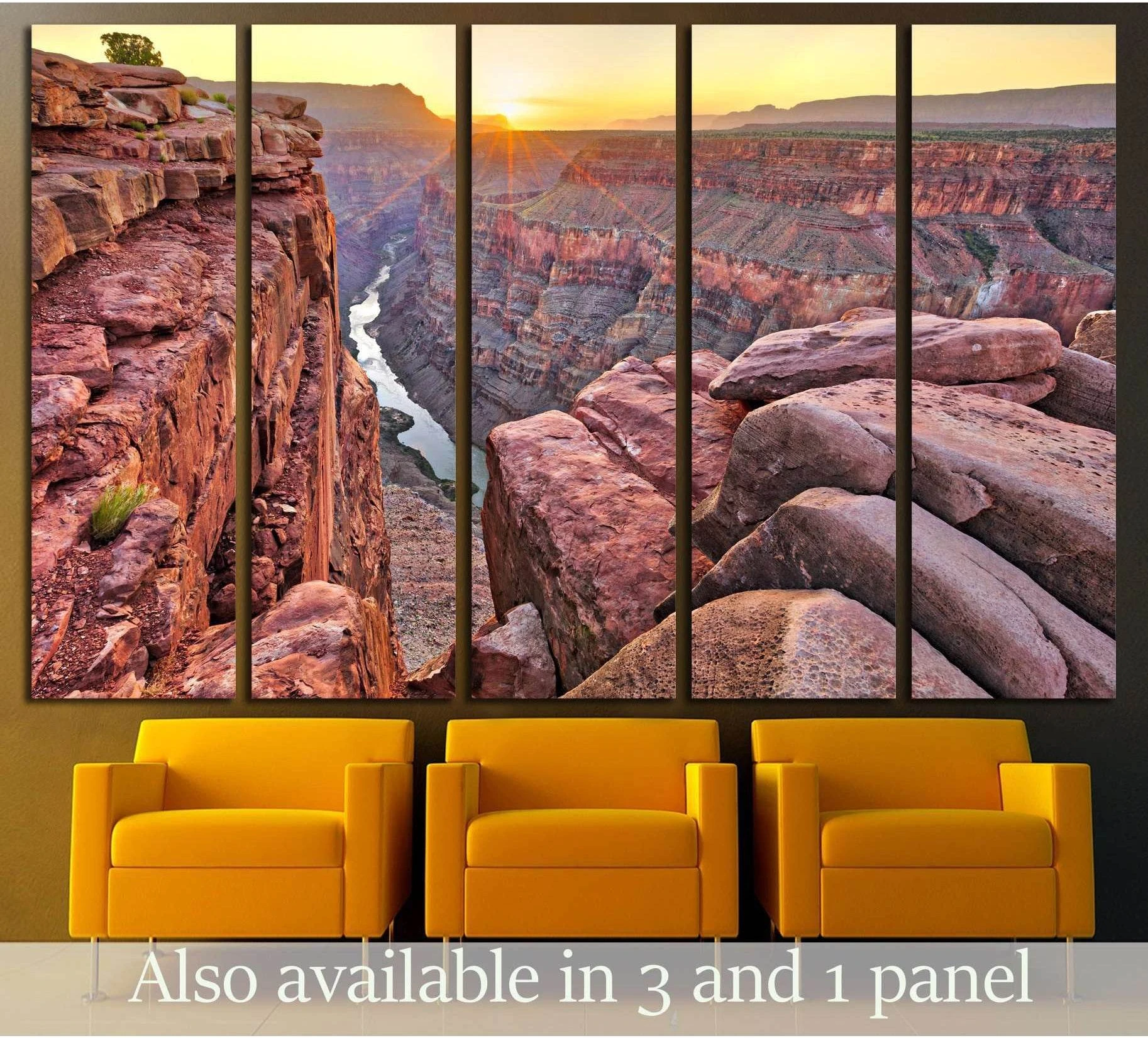 Grand Canyon sunrise canvas print with Toroweap cliffs and river canyon, displayed above yellow chairs
