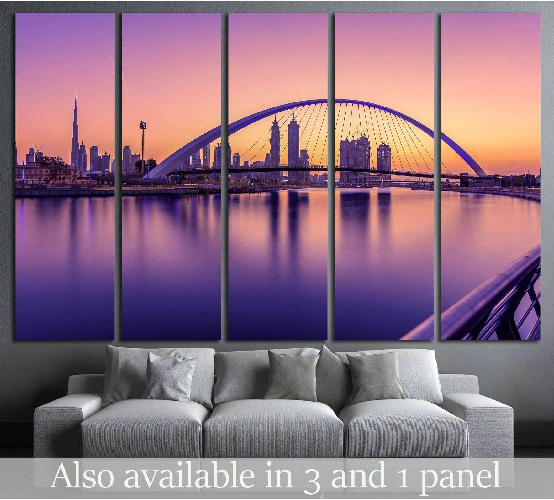 Dubai Canal sunrise canvas print with arched bridge and skyline in pink purple tones