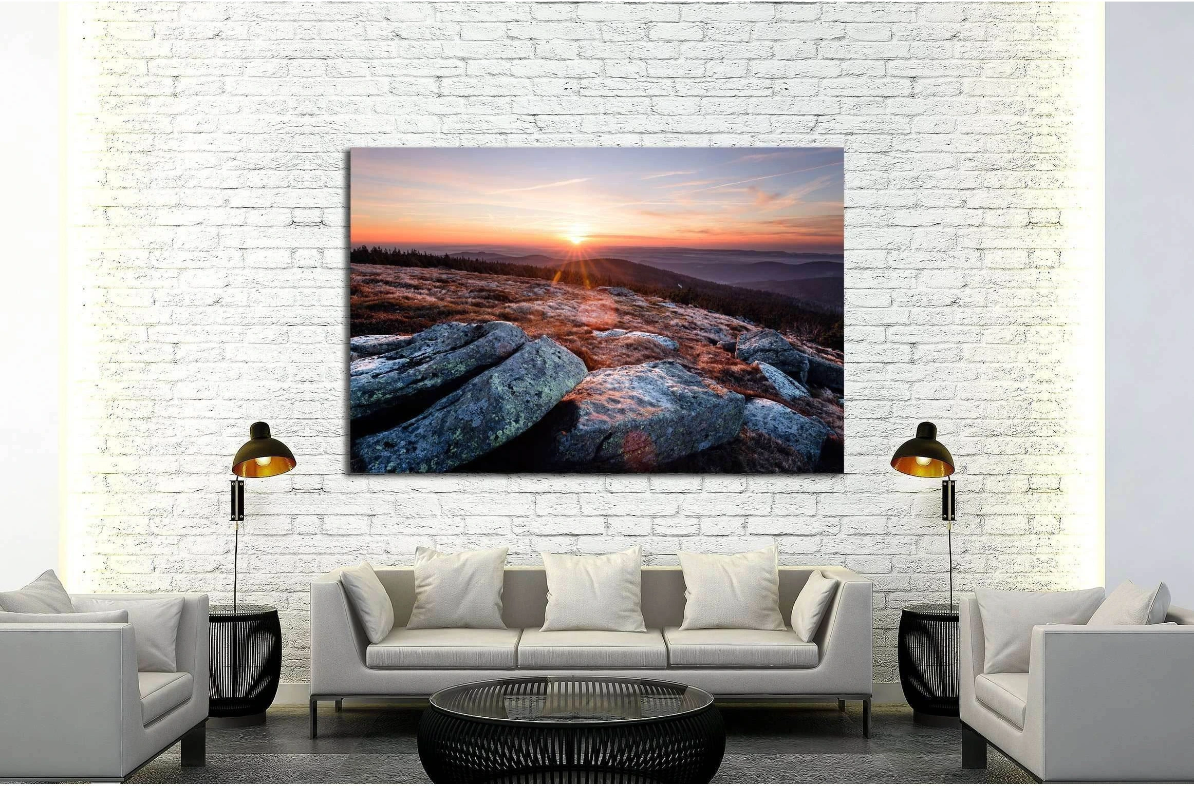 Sunrise on the Brocken and stones in the foreground №2525 Ready to Hang Canvas Print - Zellart Canvas Prints ALL_Products, s-2525