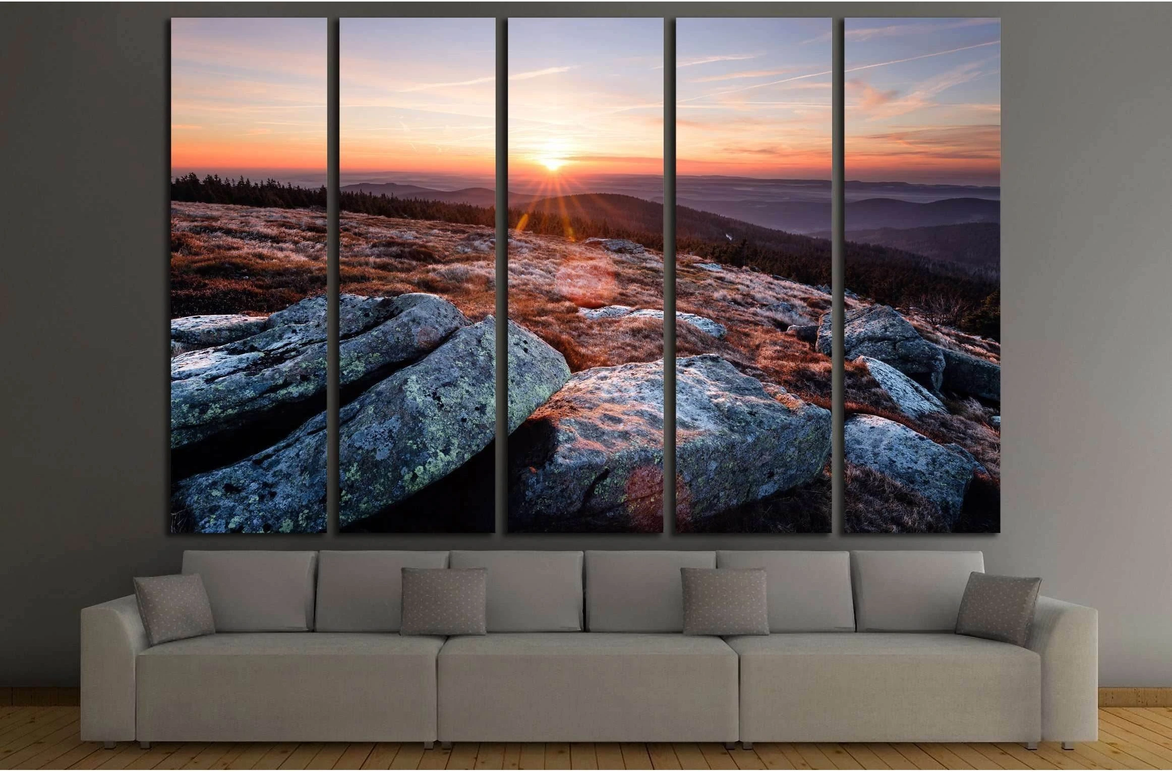 Sunrise on the Brocken and stones in the foreground №2525 Ready to Hang Canvas Print - Zellart Canvas Prints ALL_Products, s-2525