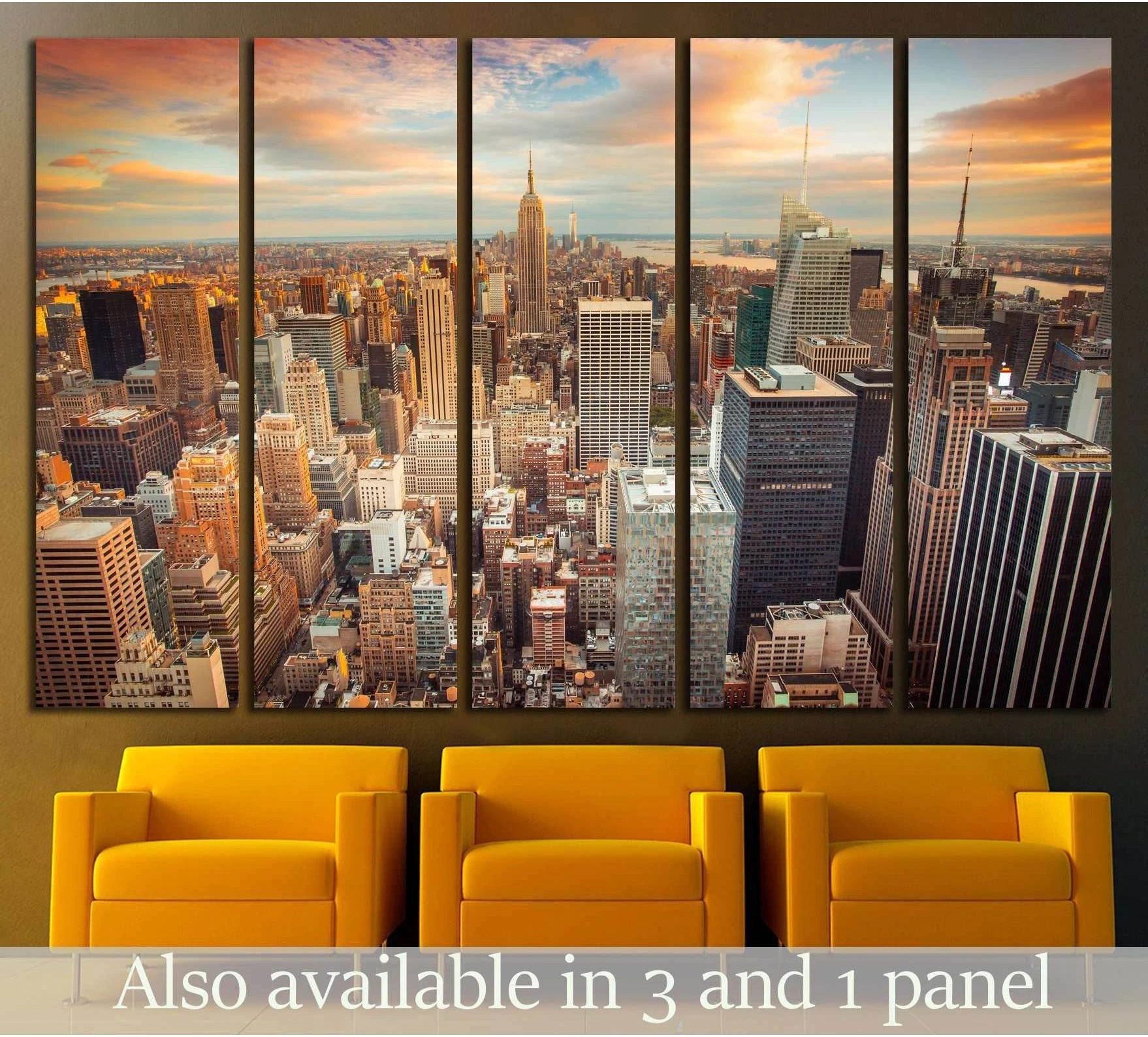Midtown Manhattan sunset canvas print with Empire State Building above yellow lounge chairs