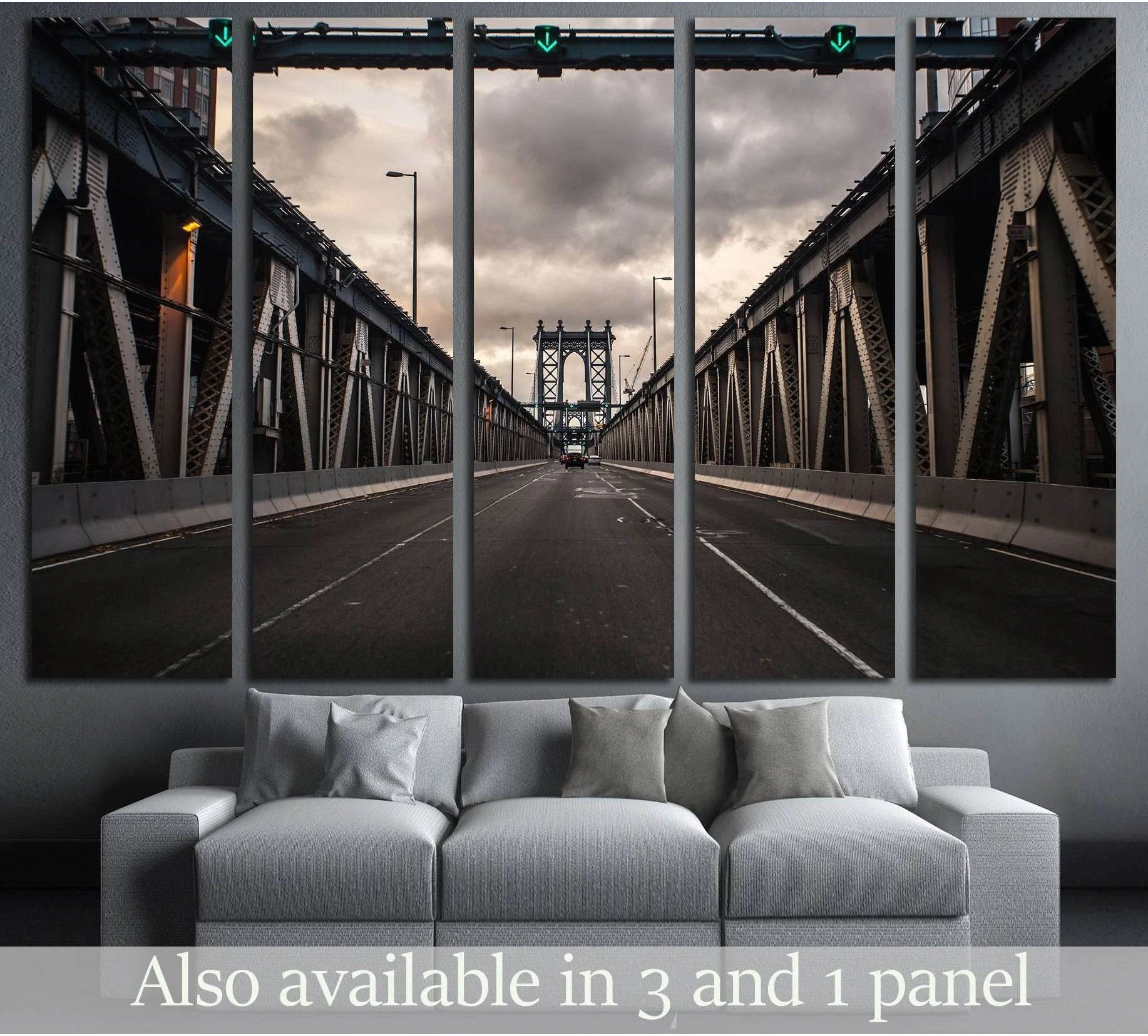 Sepia Manhattan Bridge roadway canvas print in a multi-panel mockup above a gray sofa