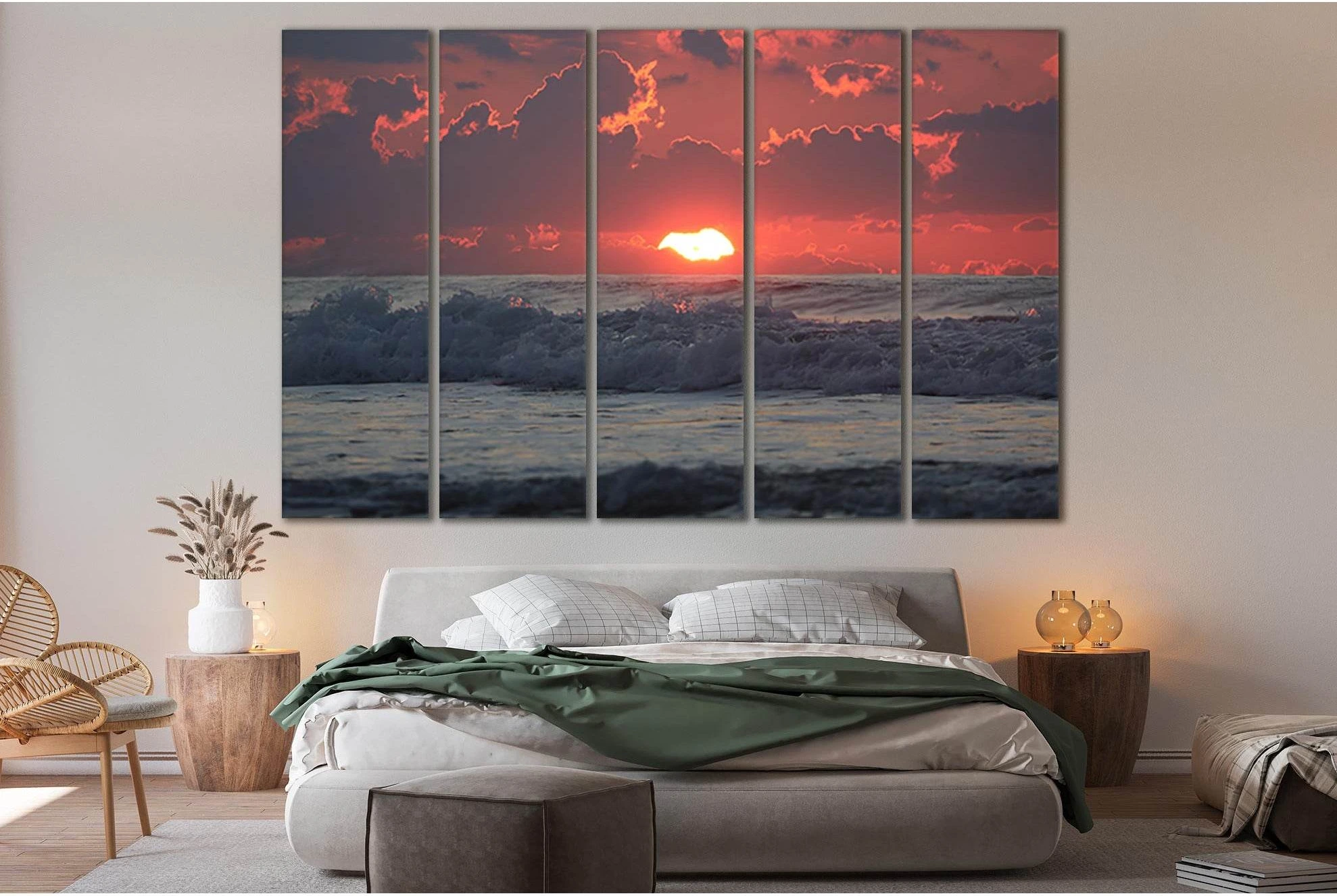 Sunset Seascape Canvas Print With Glowing Sun Over Ocean Waves showing ocean water, wave movement and surf.