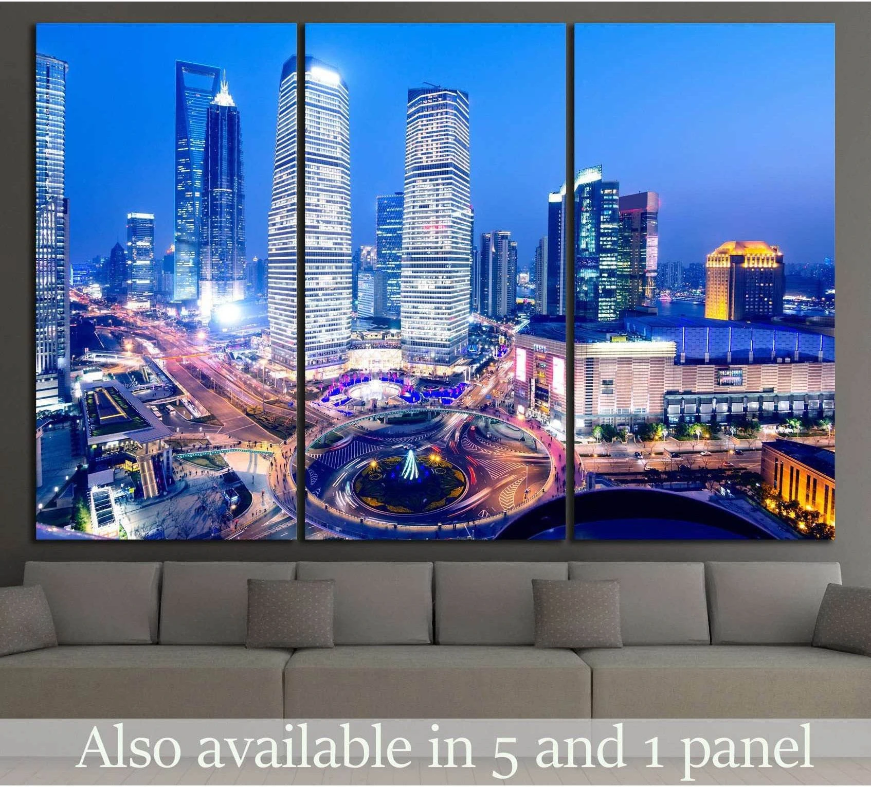 Shanghai skyline triptych canvas print above sofa, featuring Lujiazui towers at blue hour