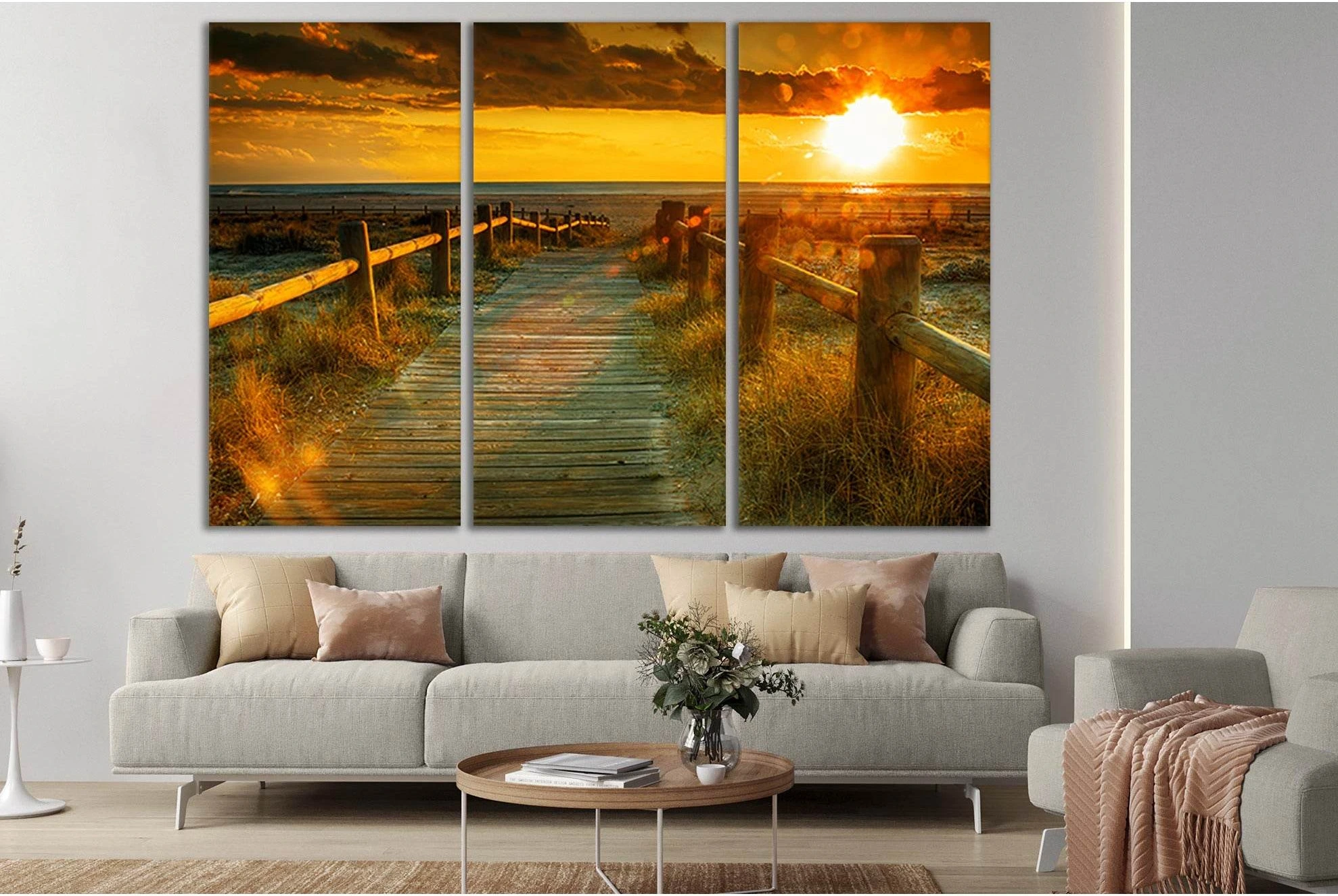 Warm Sunset Beach Canvas Print with Glowing Horizon showing sea water, shoreline and horizon depth.
