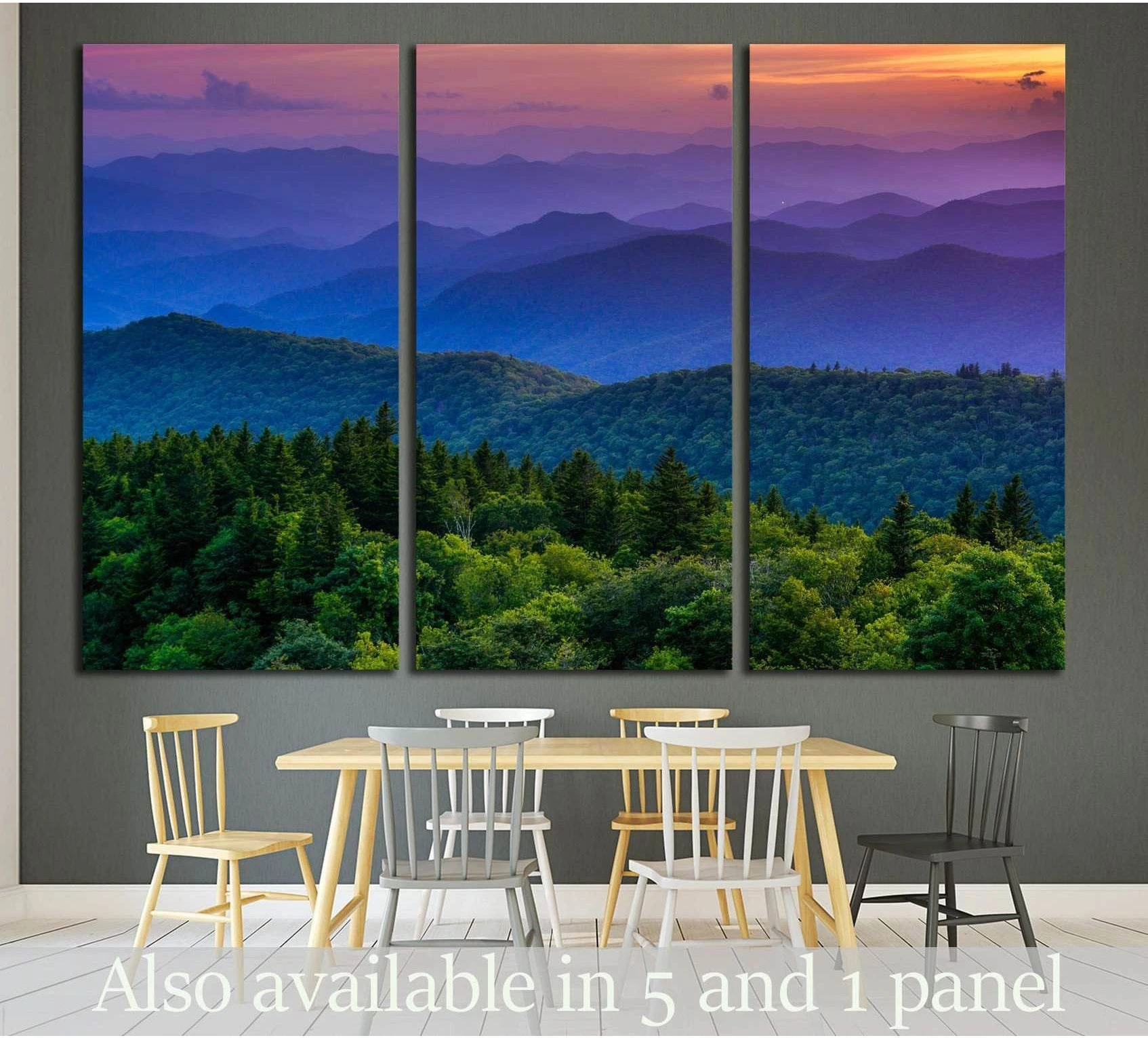 Blue Ridge Mountains sunset canvas print with layered purple ridges and green forest in a dining room