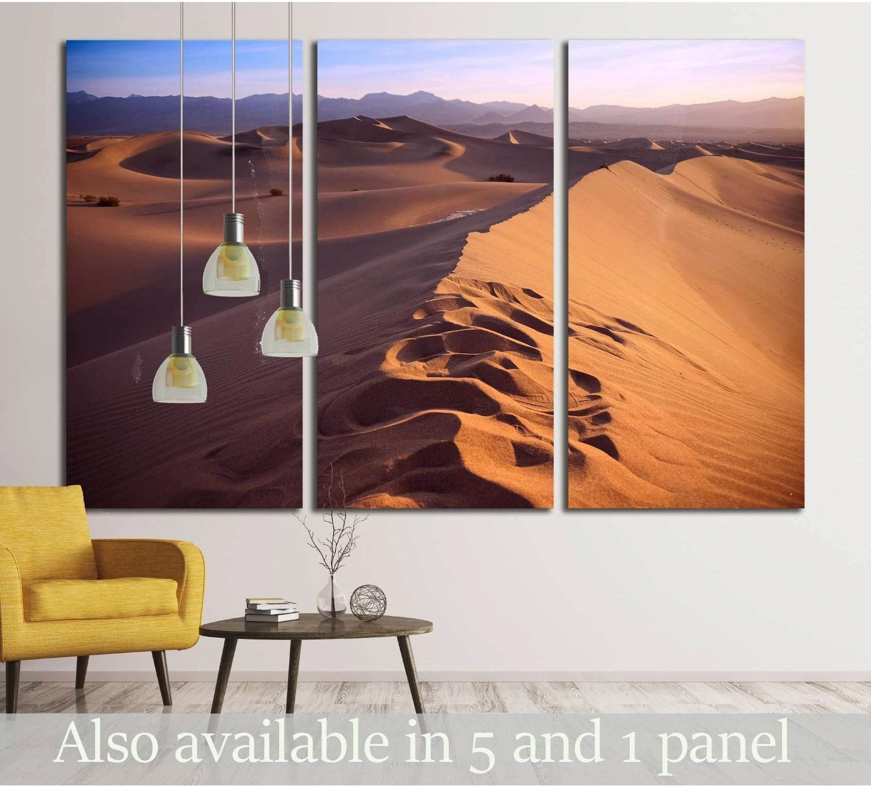 Triptych Sahara Desert canvas print with golden sunset dunes displayed in a modern living room