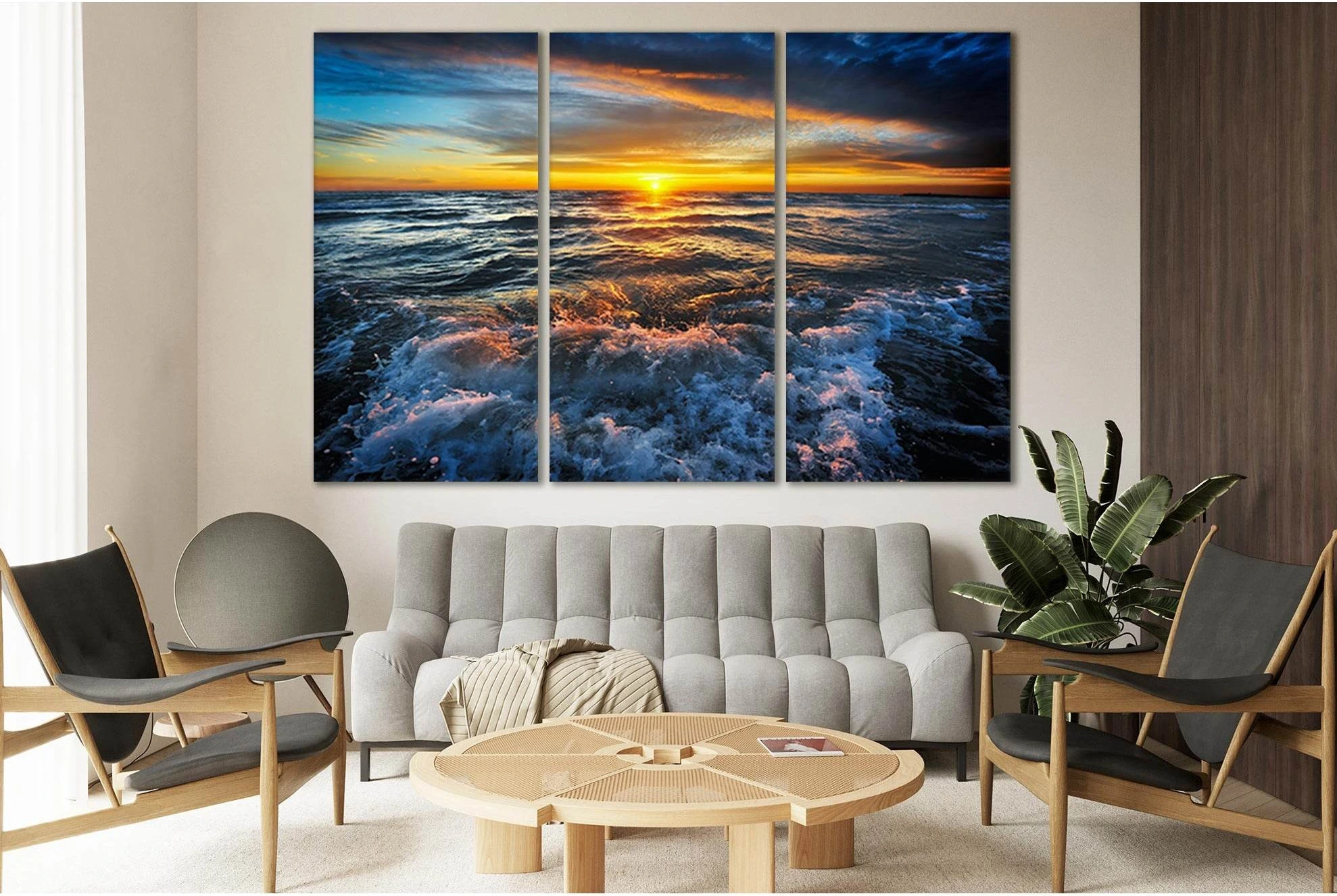 Ocean Sunset Canvas Print in Deep Blue with Orange Glow Waves showing ocean water, wave movement and surf.