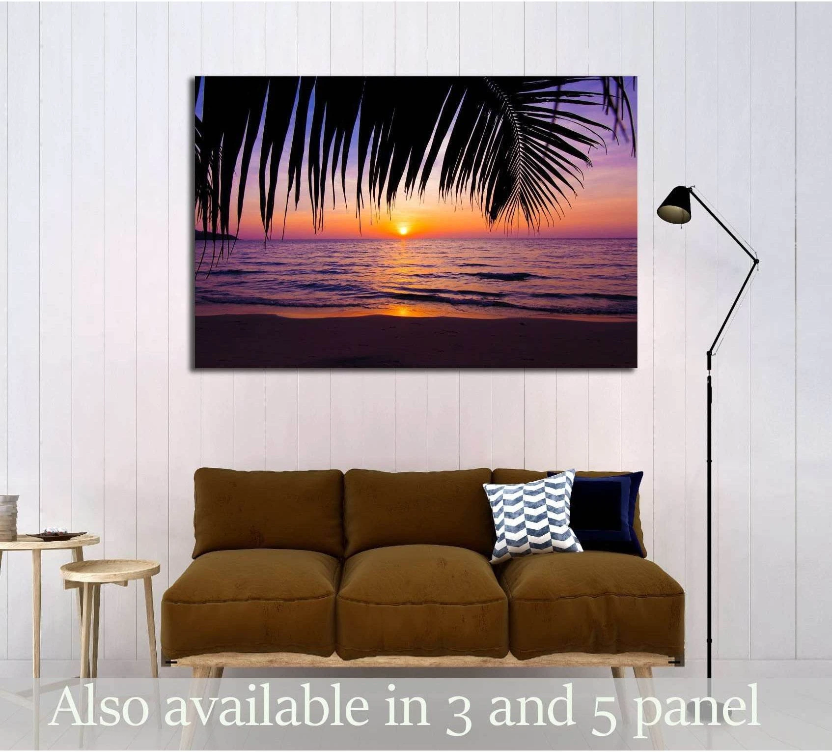 sunset landscape. beach sunset. palm trees silhouette on sunset tropical beach showing sea water, shoreline and horizon depth.