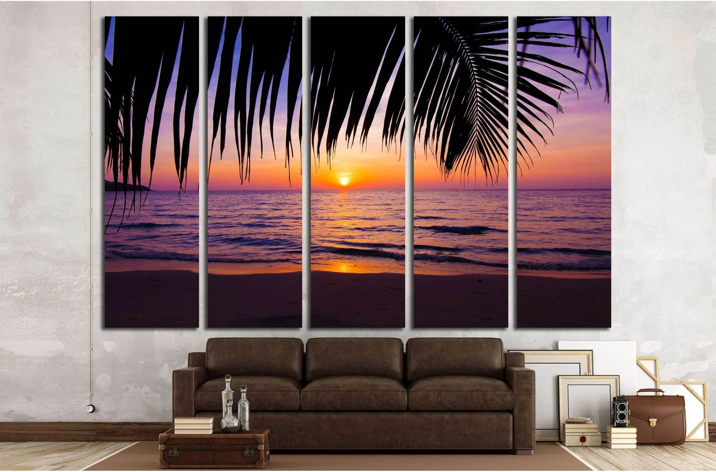 sunset landscape. beach sunset. palm trees silhouette on sunset tropical beach №3215 Ready to Hang Canvas Print - Zellart Canvas Prints ALL_Products, s-3215