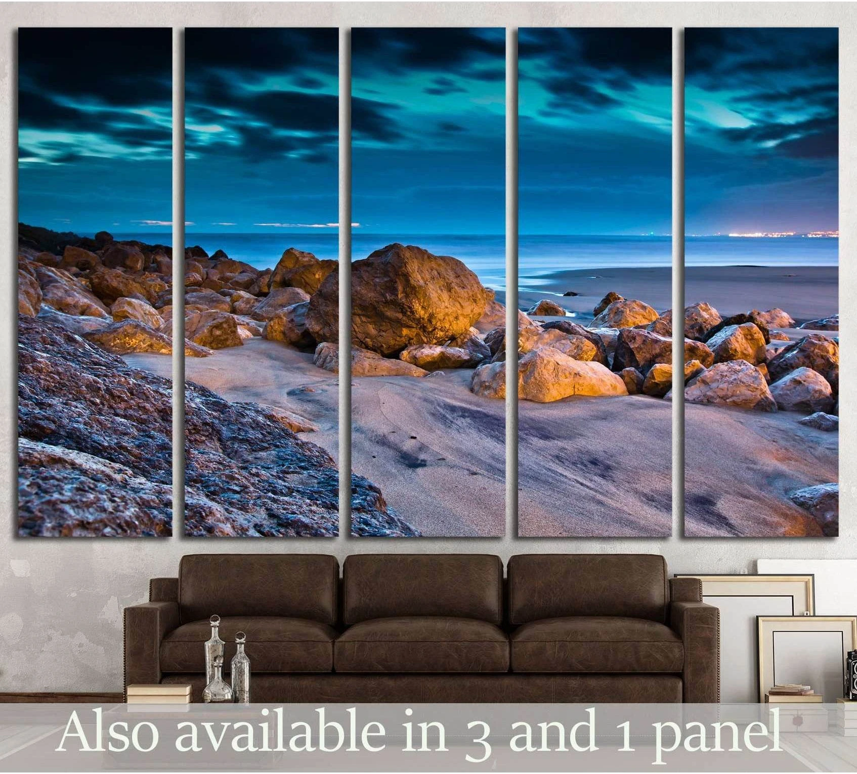 Portugal rocky beach sunset canvas print with teal sky above sofa in modern living room